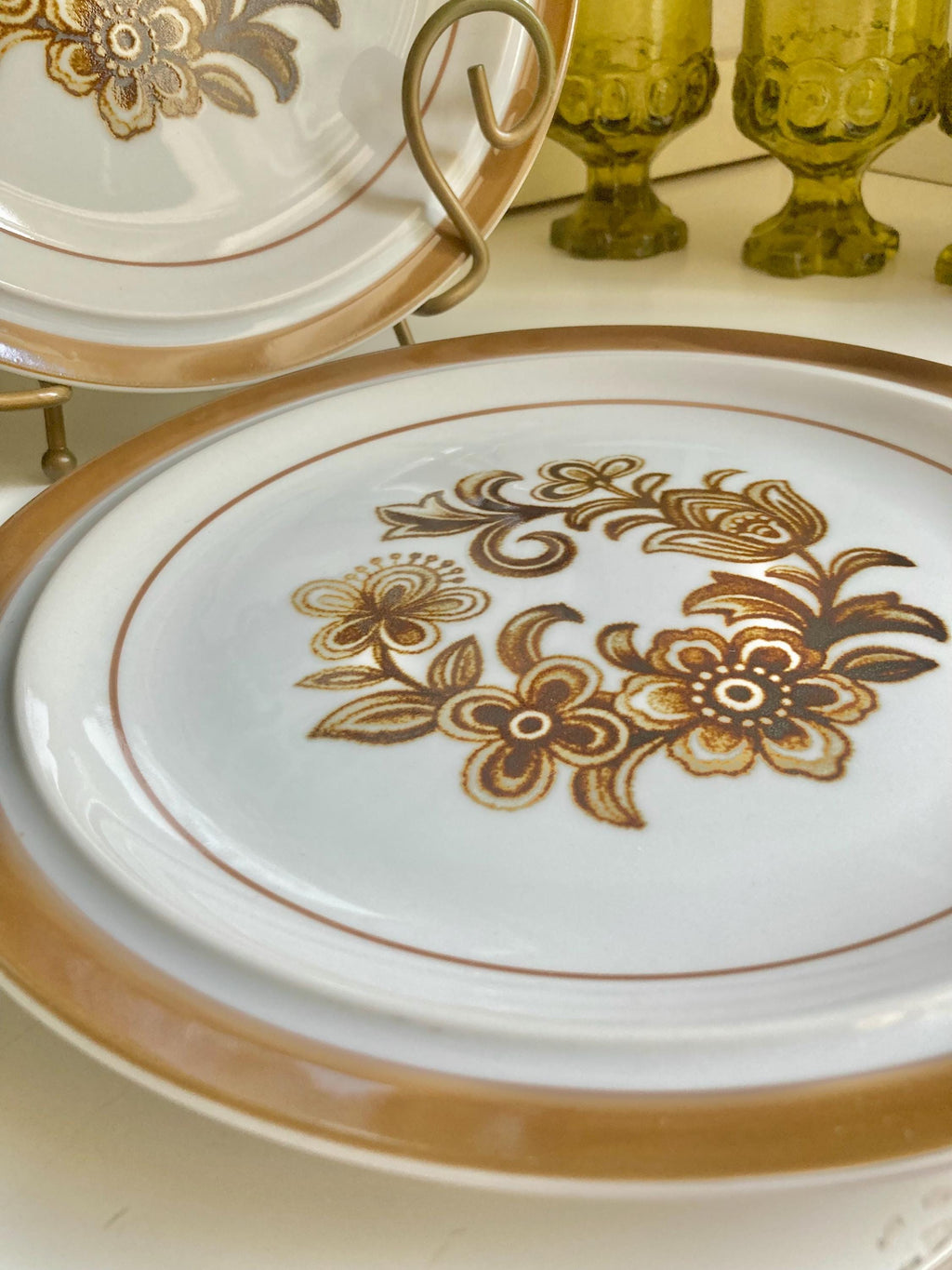 Vintage Monterrey Stoneware Dinner Plates - Brown Floral Set of 2