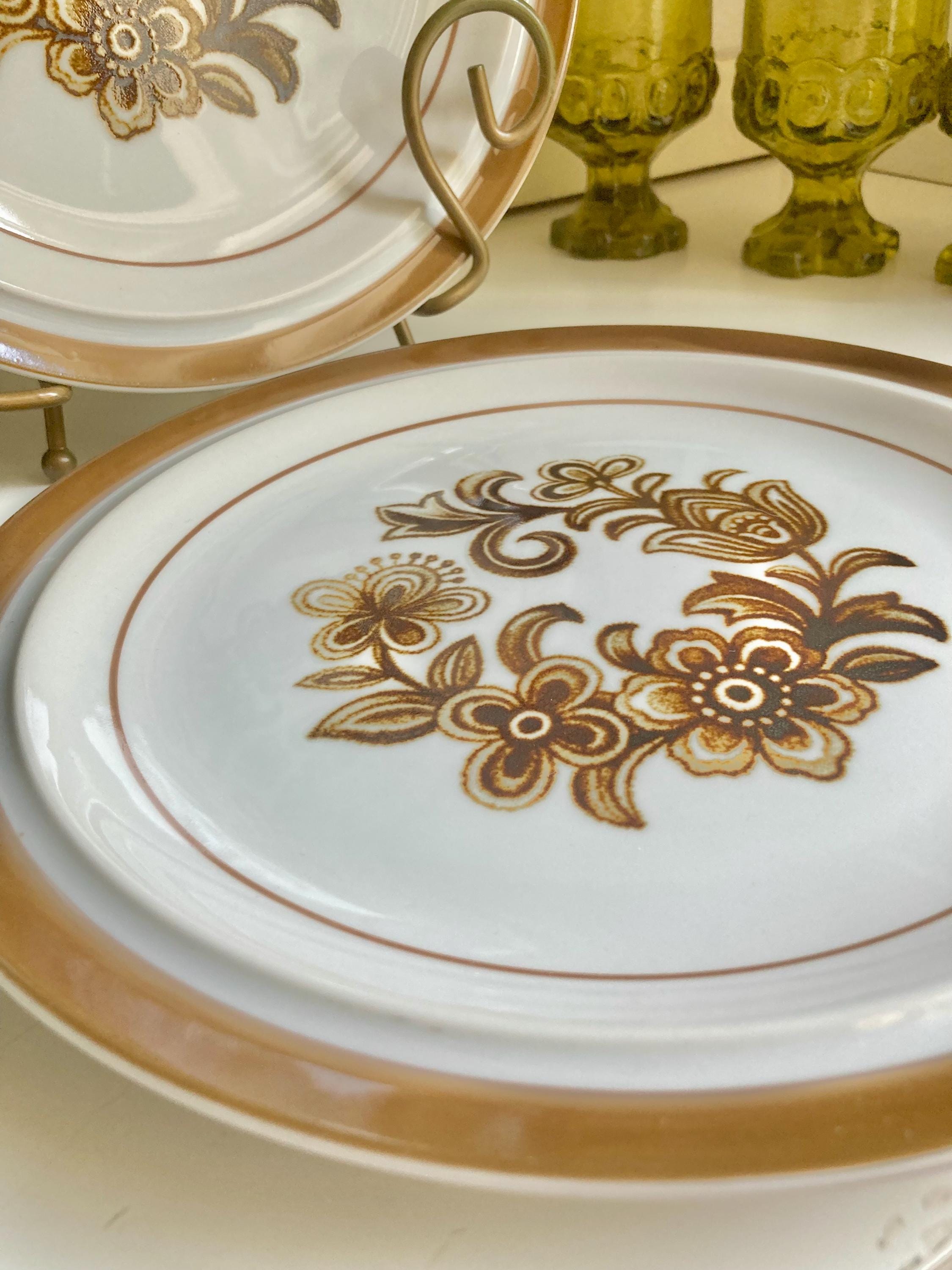 Vintage Monterrey Stoneware Dinner Plates - Brown Floral Set of 2