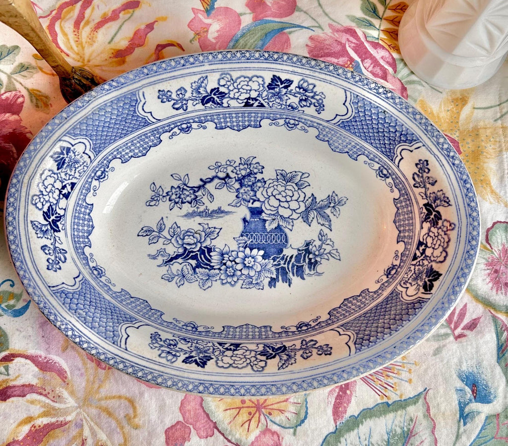Antique Chinoiserie Serving Bowl: Blue and White Floral Transferware, Soho Pottery