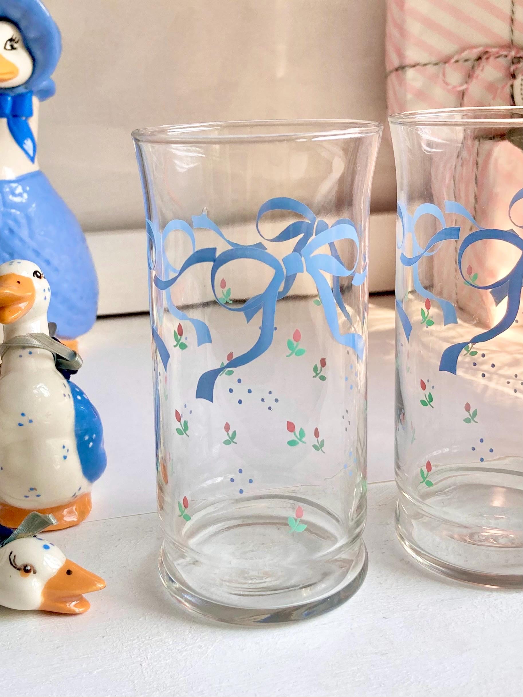 Vintage Libbey Glassware Set: Blue Ribbon & Rose Floral Glasses