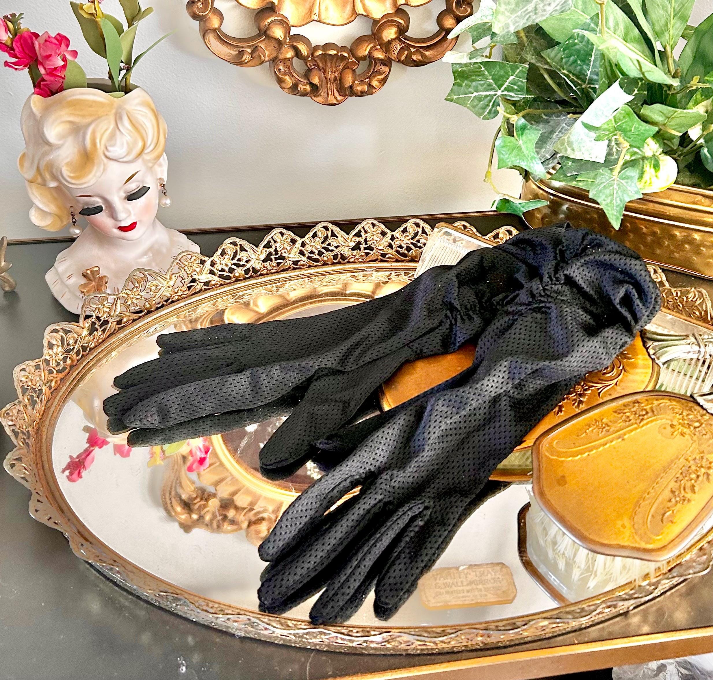 Vintage Ruched Ladies Gloves in Perforated Black Nylon, USA