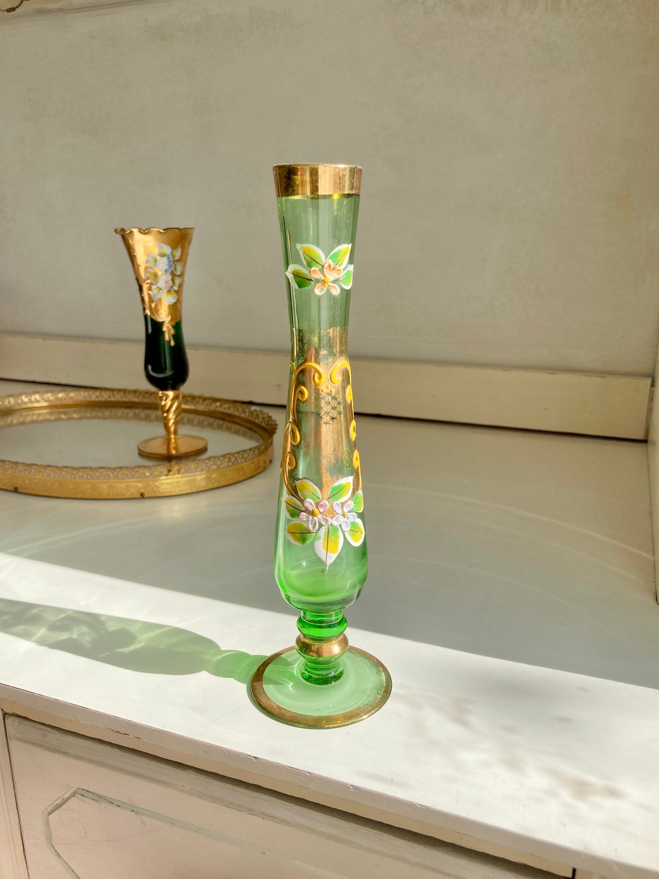 Vintage Green Glass Hand Painted Gilt Bohemian Bud Vases: choose from Two
