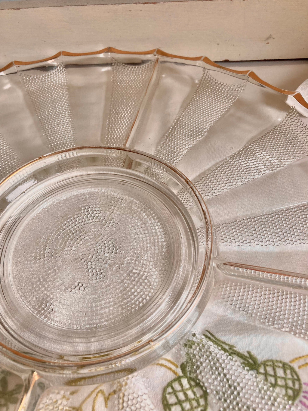 Vintage Jeanette Dewdrop Glass Serving Platter: Gold Wavy Edge, 5-Part Dish