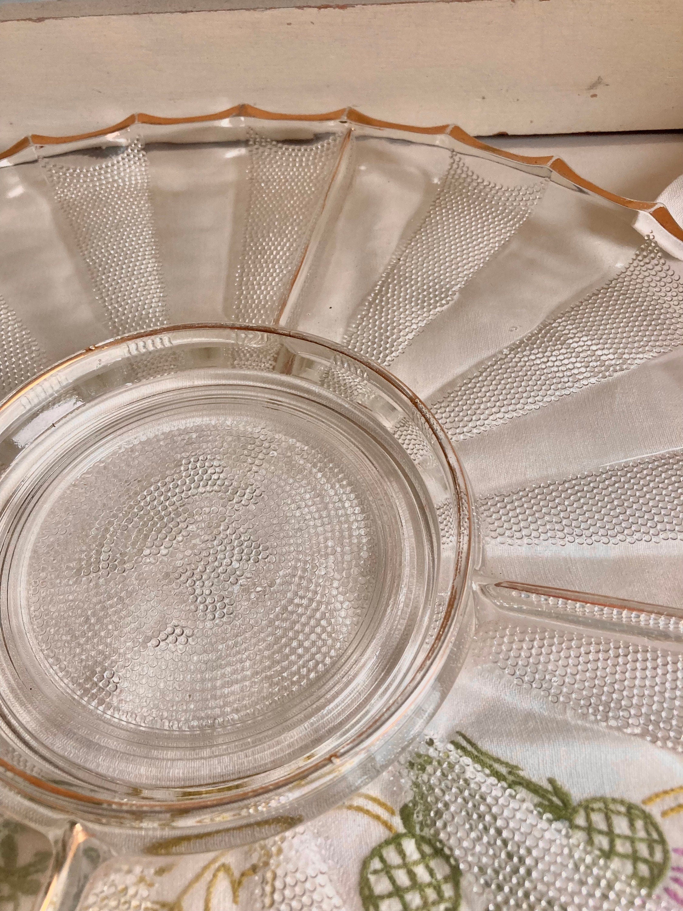 Vintage Jeanette Dewdrop Glass Serving Platter: Gold Wavy Edge, 5-Part Dish