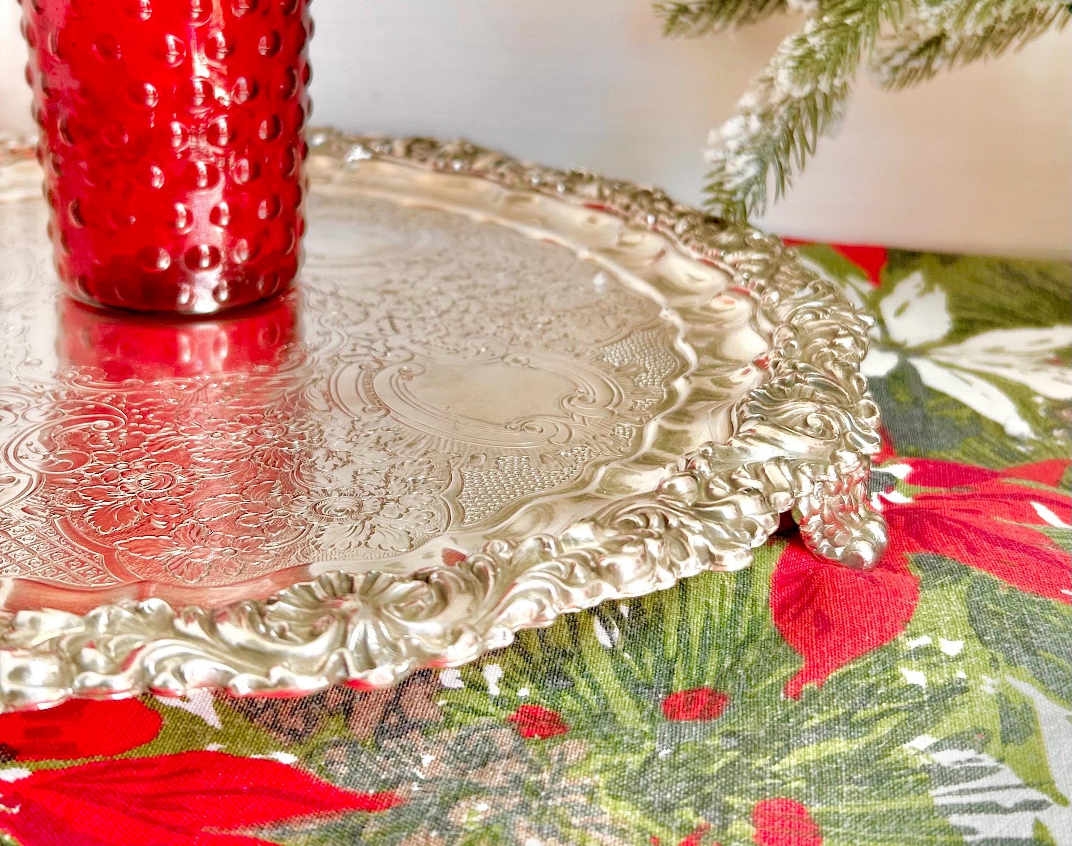 Vintage Silverplate Salver: Ornate Floral Etching, Footed Display Tray