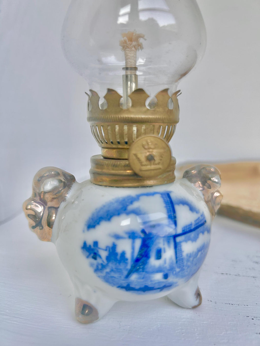 Vintage Dutch Windmill Porcelain Oil Lamp: Blue & White China, Gilt Trim