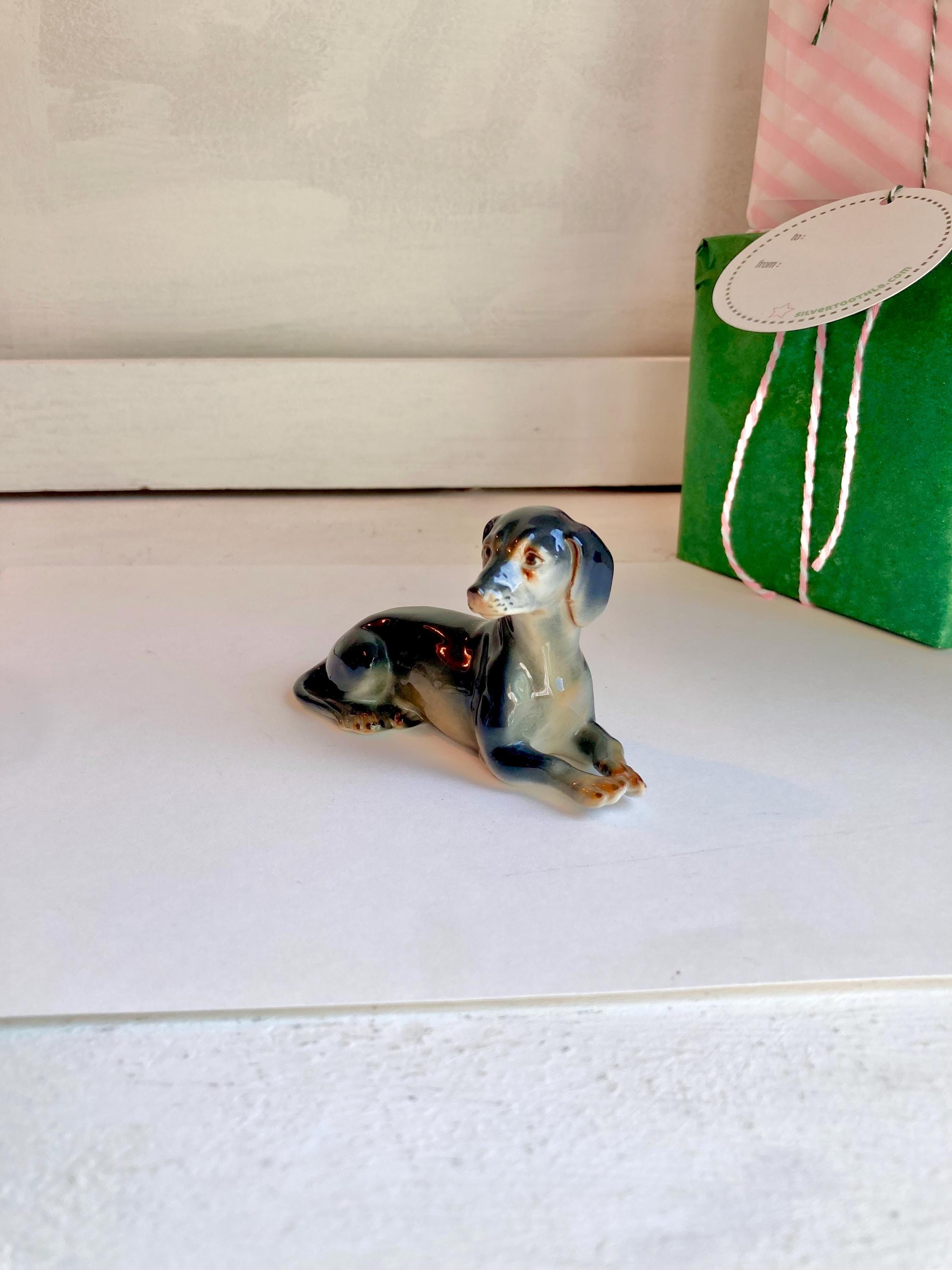 Vintage German-made Ceramic Dog Figurine - Hand painted Lifelike reclining Dacshund