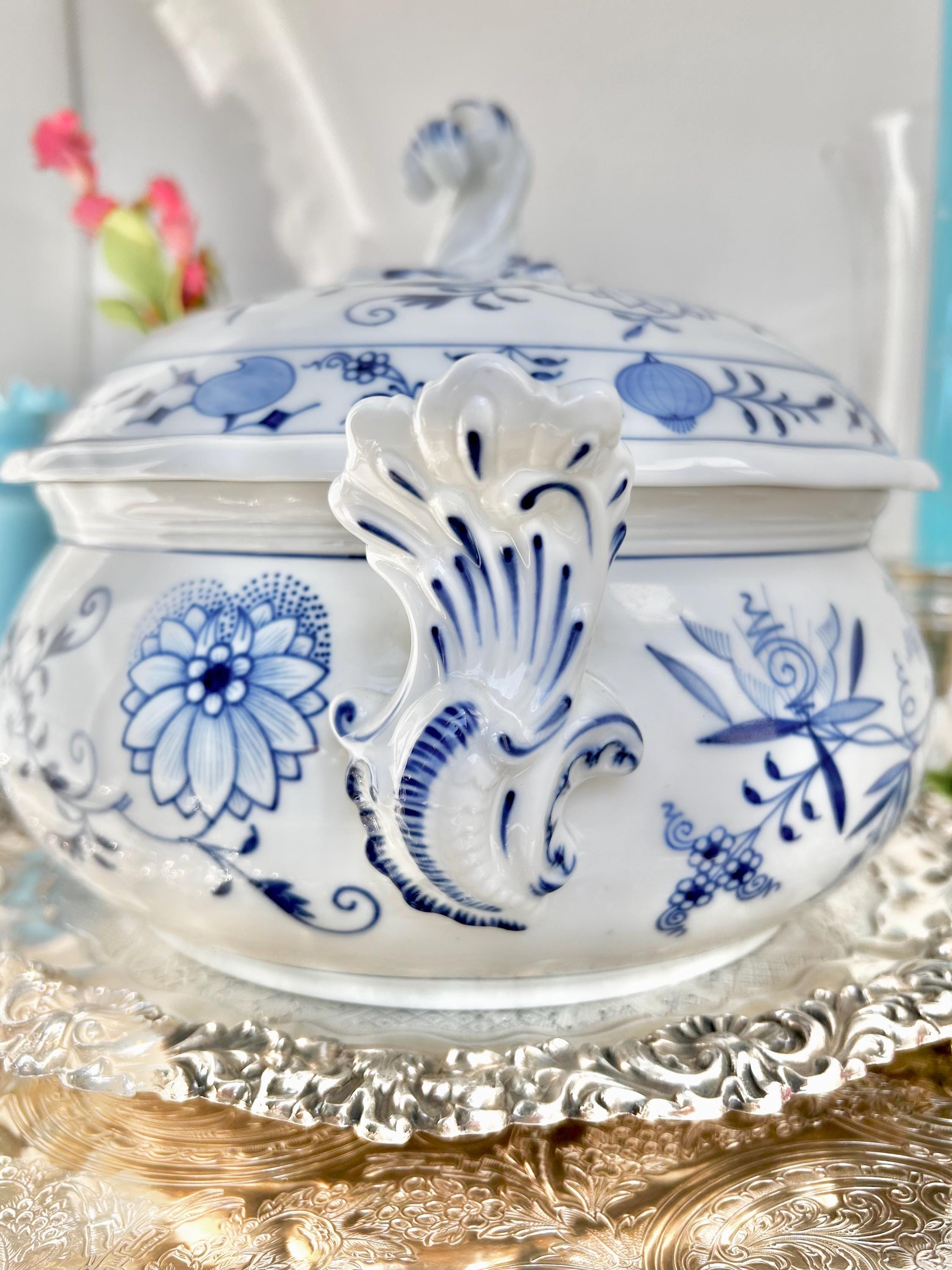 Meissen Porcelain Blue Onion Tureen - Blue Sword Backstamp Scroll Finial Lid - Newer production