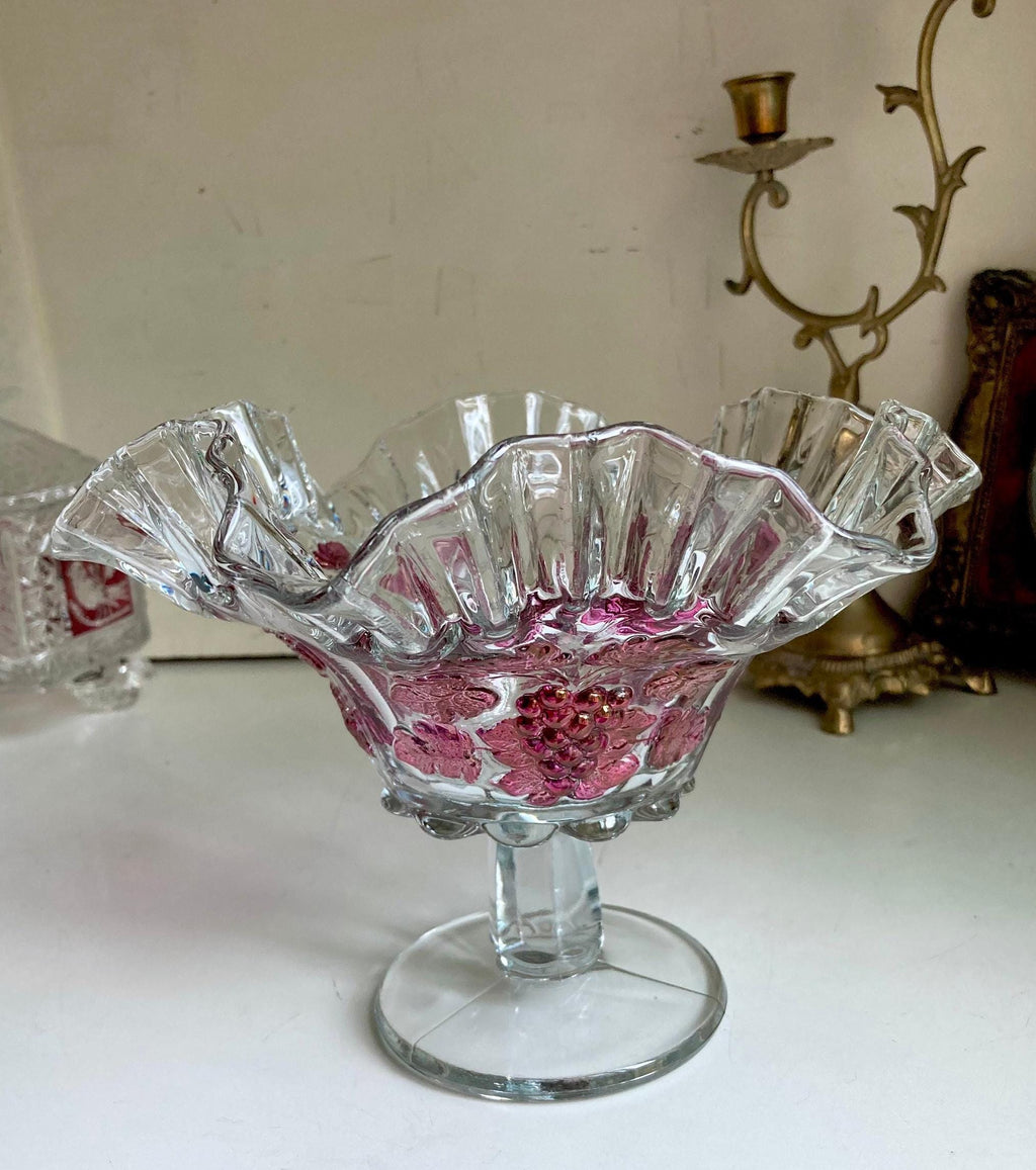 Vintage Westmoreland Crimped Edge Clear Glass Paneled Compote with Ruby Flashed Grapevines Pattern