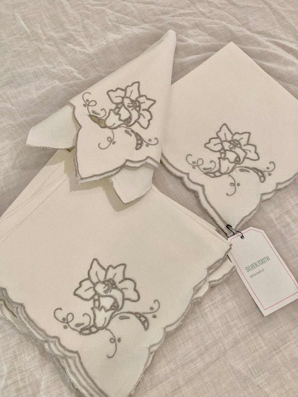 Vintage Linen Cream and Grey Trumpet Flower Dinner Napkins - Set of 8