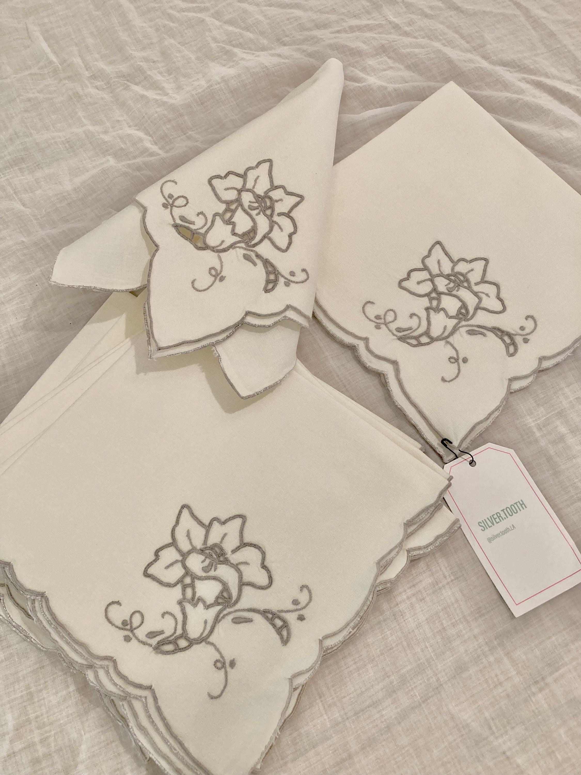 Vintage Linen Cream and Grey Trumpet Flower Dinner Napkins - Set of 8