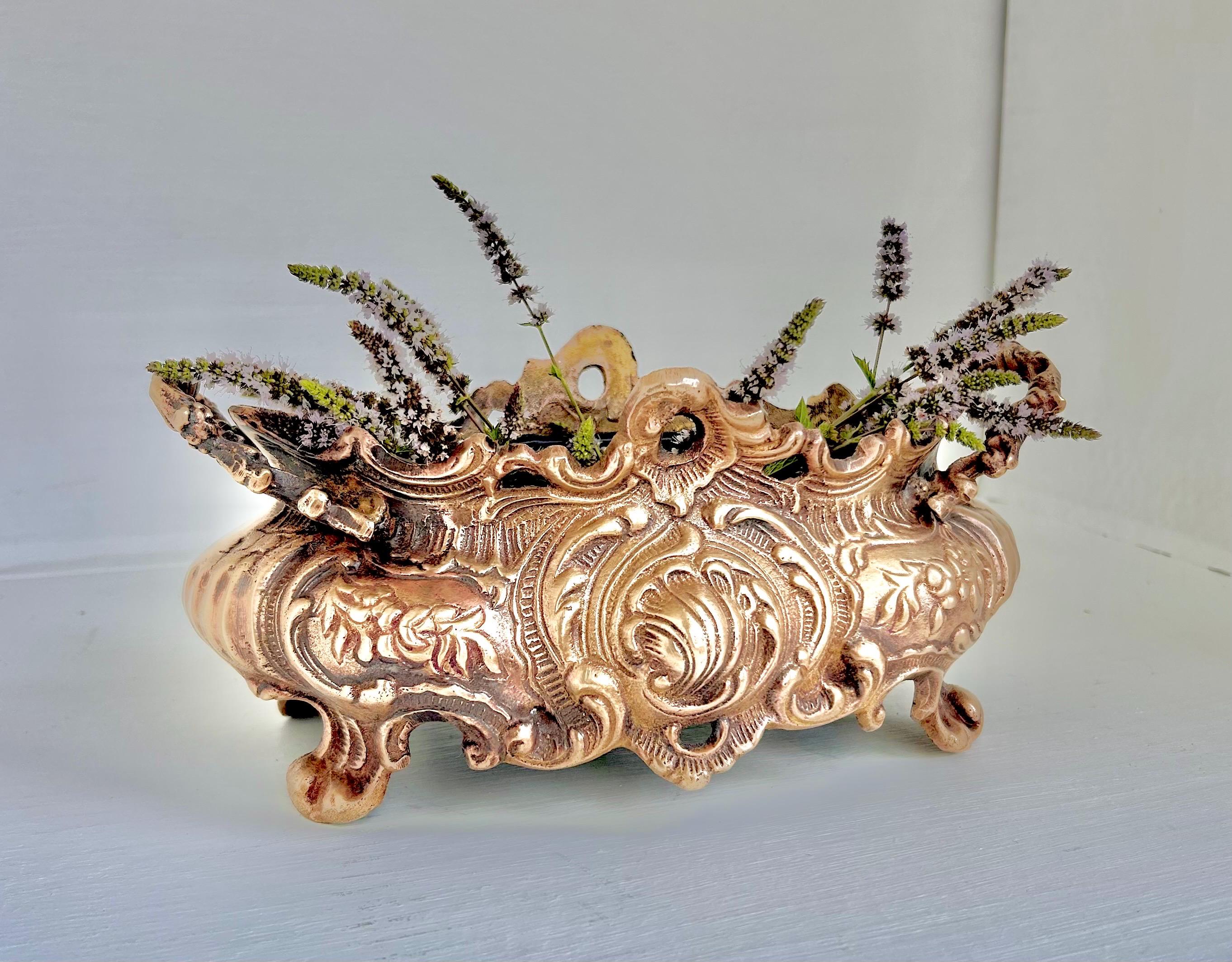 Vintage Solid Brass Jardinier: Neoclassical Footed Planter with Floral Motifs