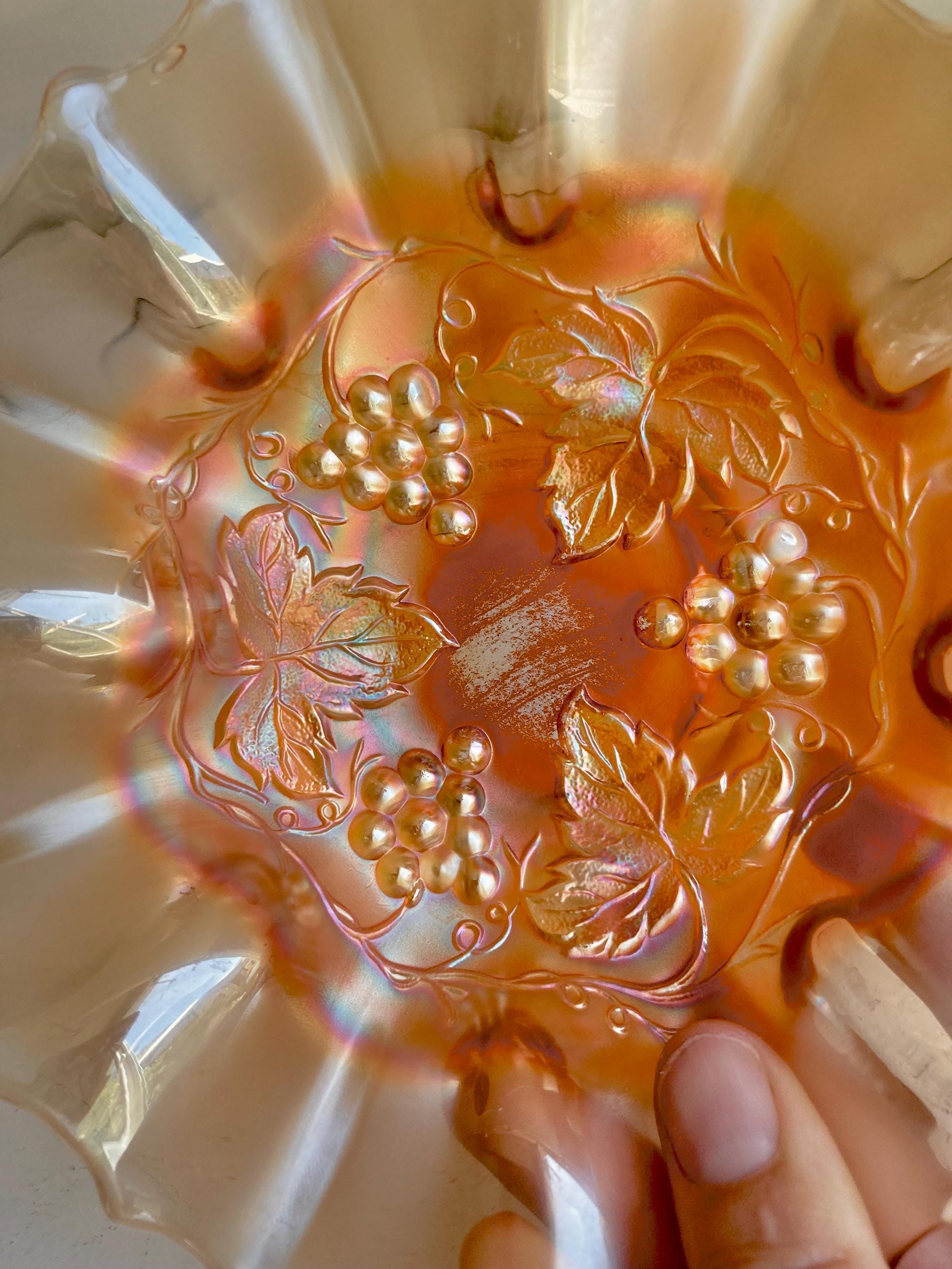 Vintage Dugan Golden Grape Marigold Carnival Glass Ruffled Bowl 7 1/4" diameter