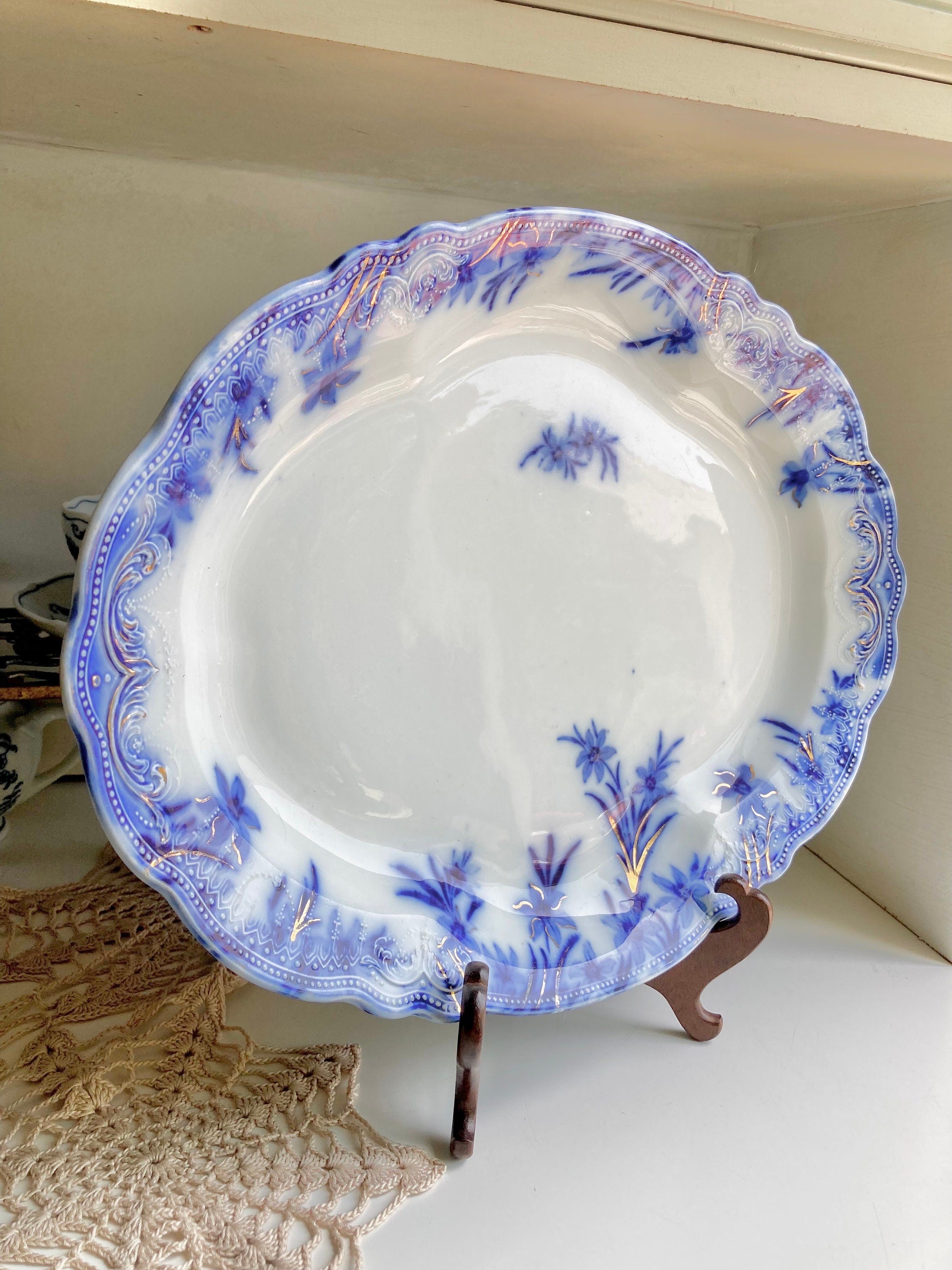 Antique Grindley Flow Blue Platter: 16" Dover Daffodil Floral