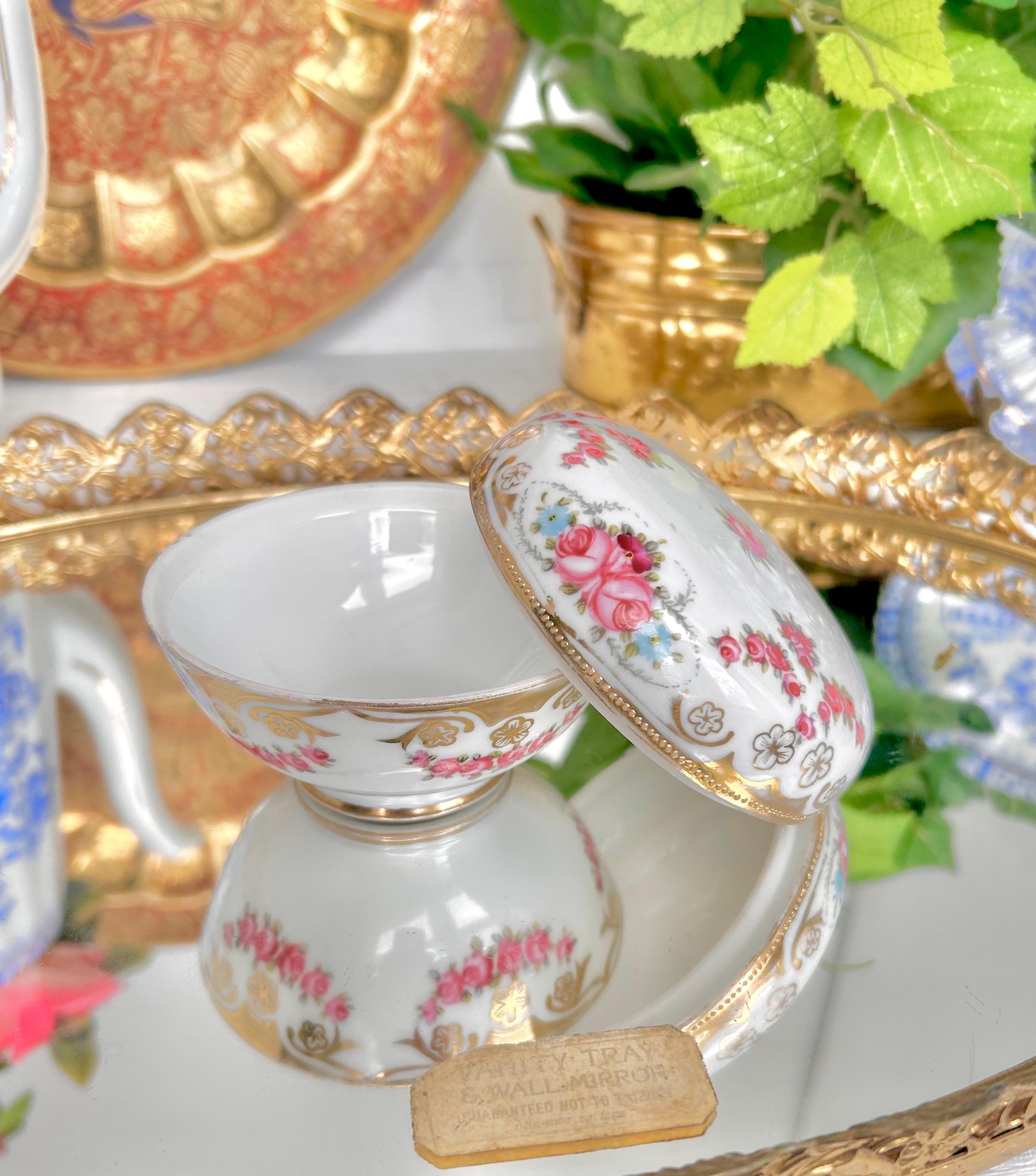 Vintage Noritake Small Porcelain Lidded Trinket Dish with Gold Trim, Pink Floral Garland