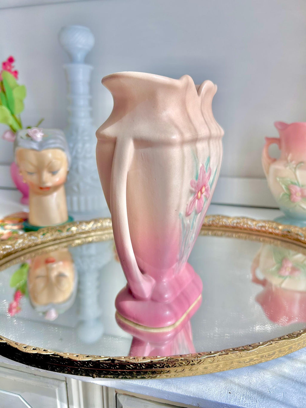 Vintage Hull Art Pottery Vase: Pink Floral Urn with Handles