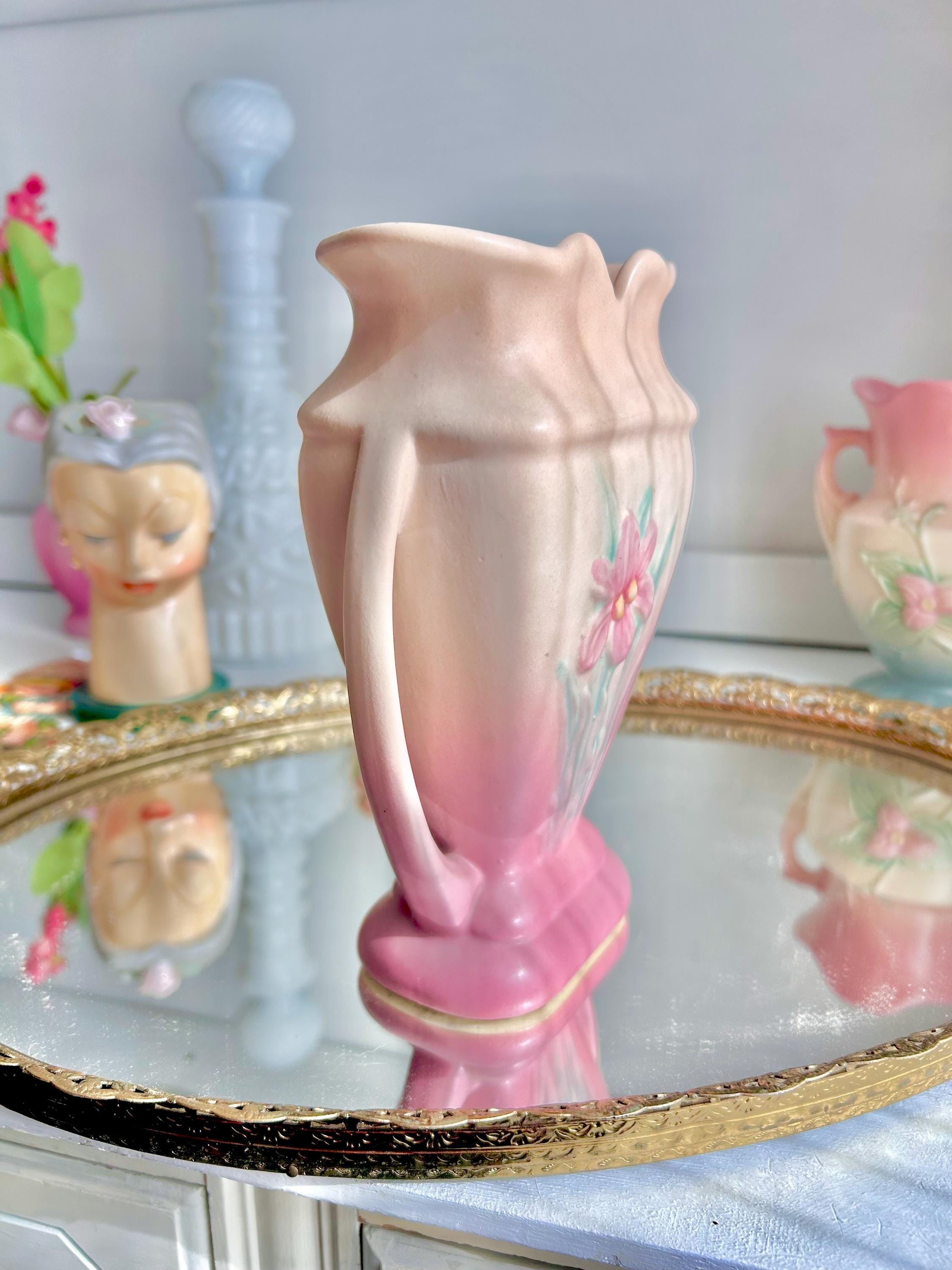 Vintage Hull Art Pottery Vase: Pink Floral Urn with Handles