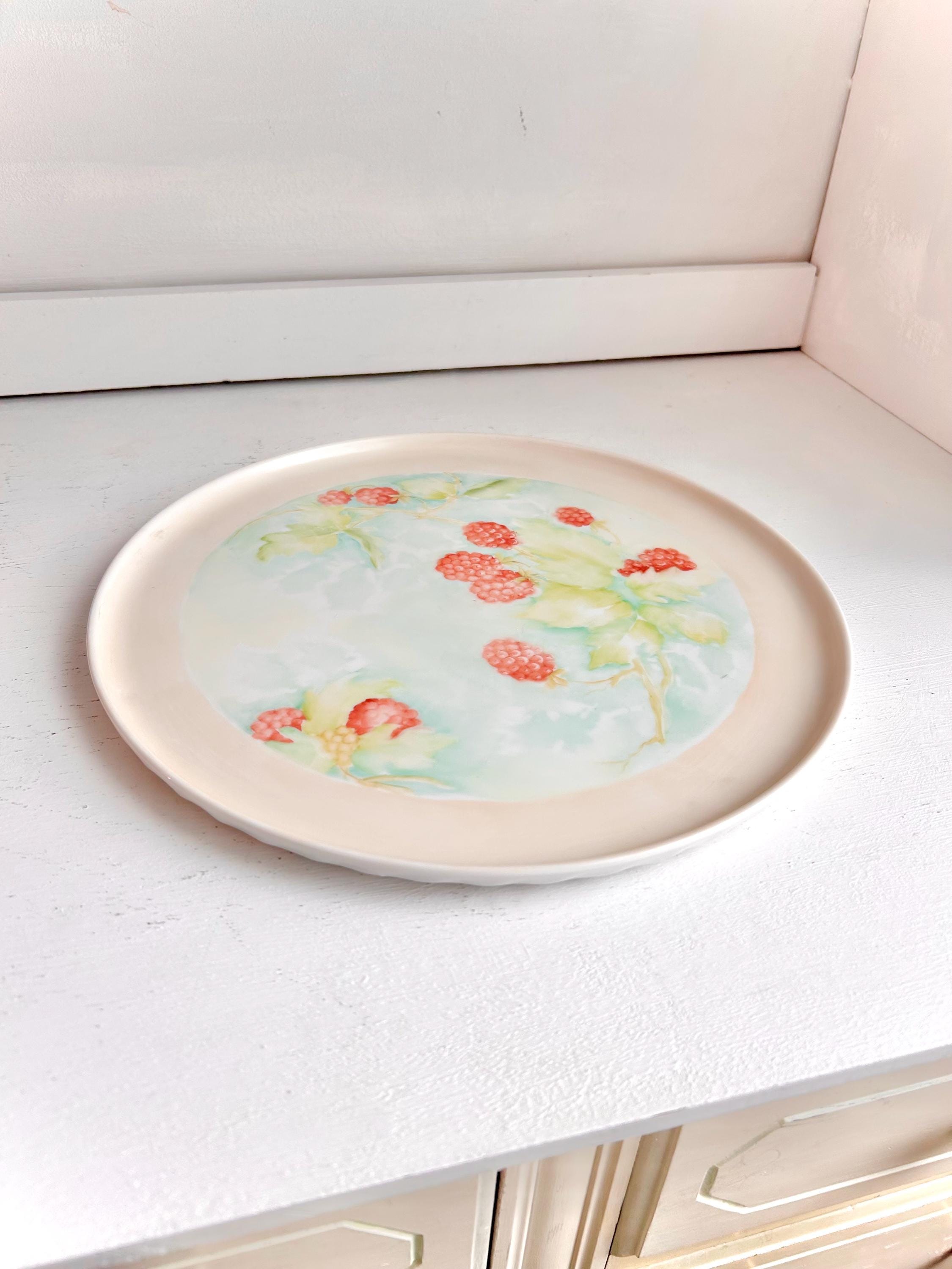 Vintage Hand-Painted Ceramic Cake Plate: Raspberry Branch Design, 11"