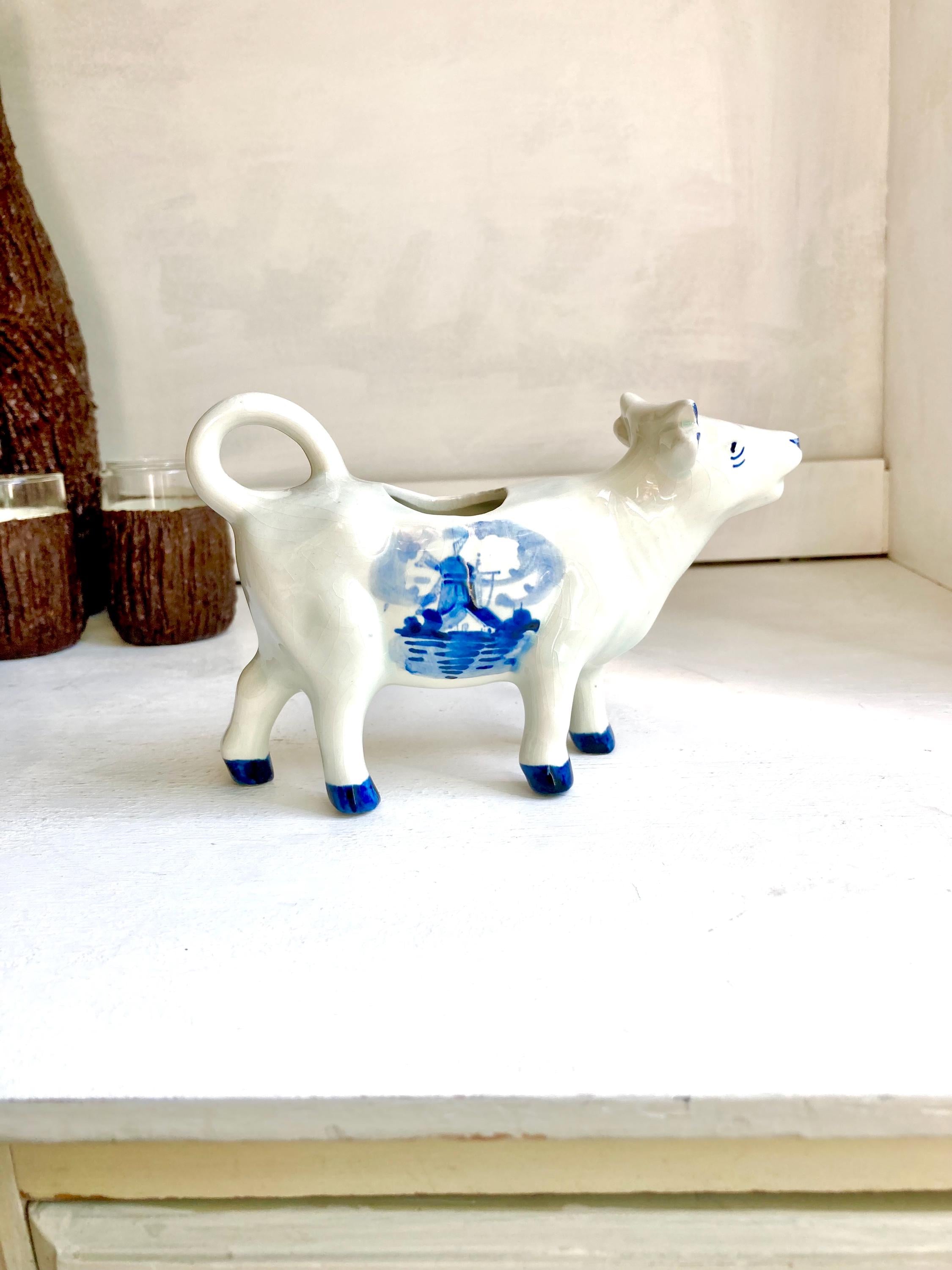 Vintage Delft Blue Ceramic Cow Creamer – Holland Windmill Design