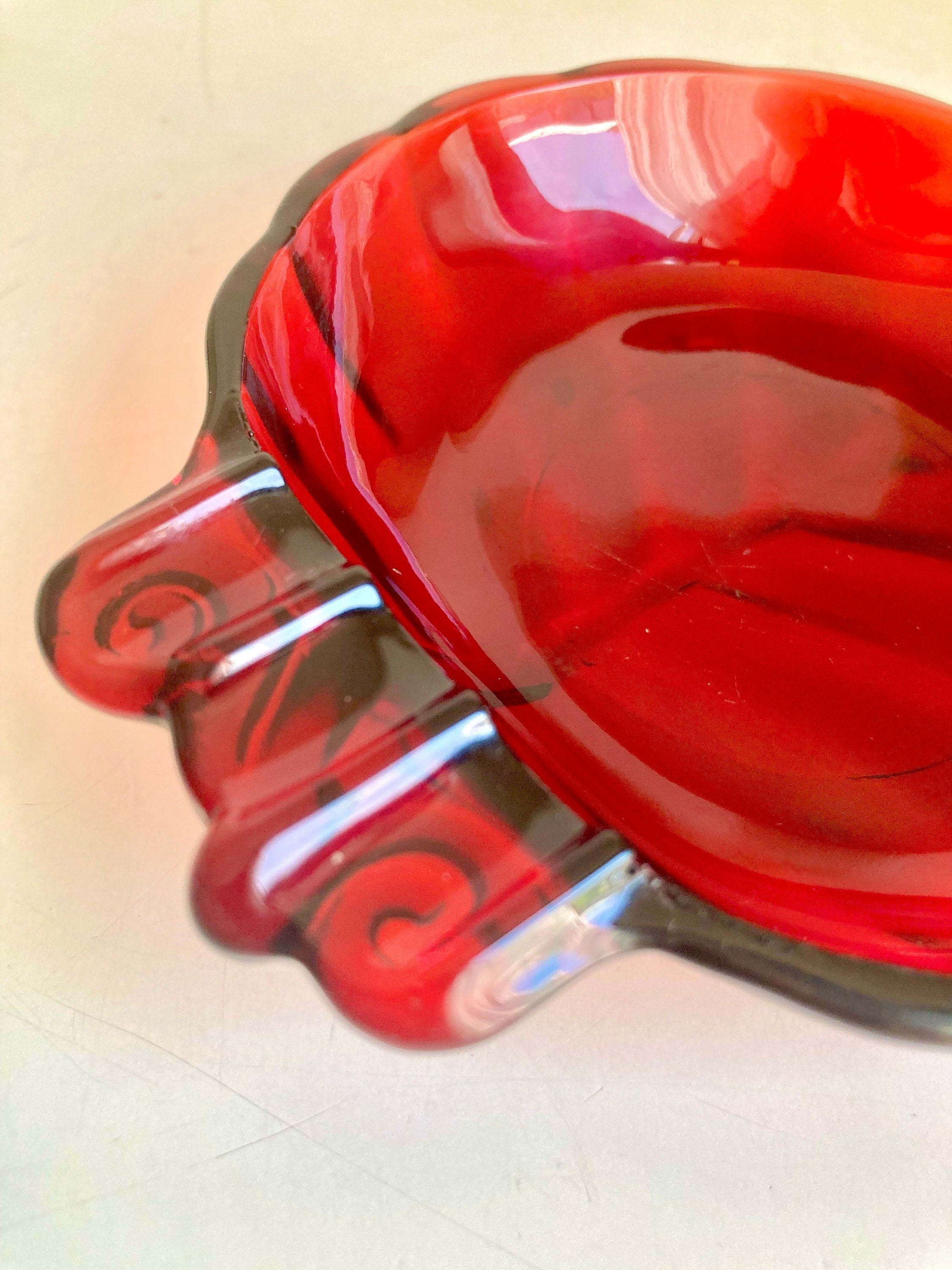 Anchor Hocking Ruby Red Glass Leaf Ashtray