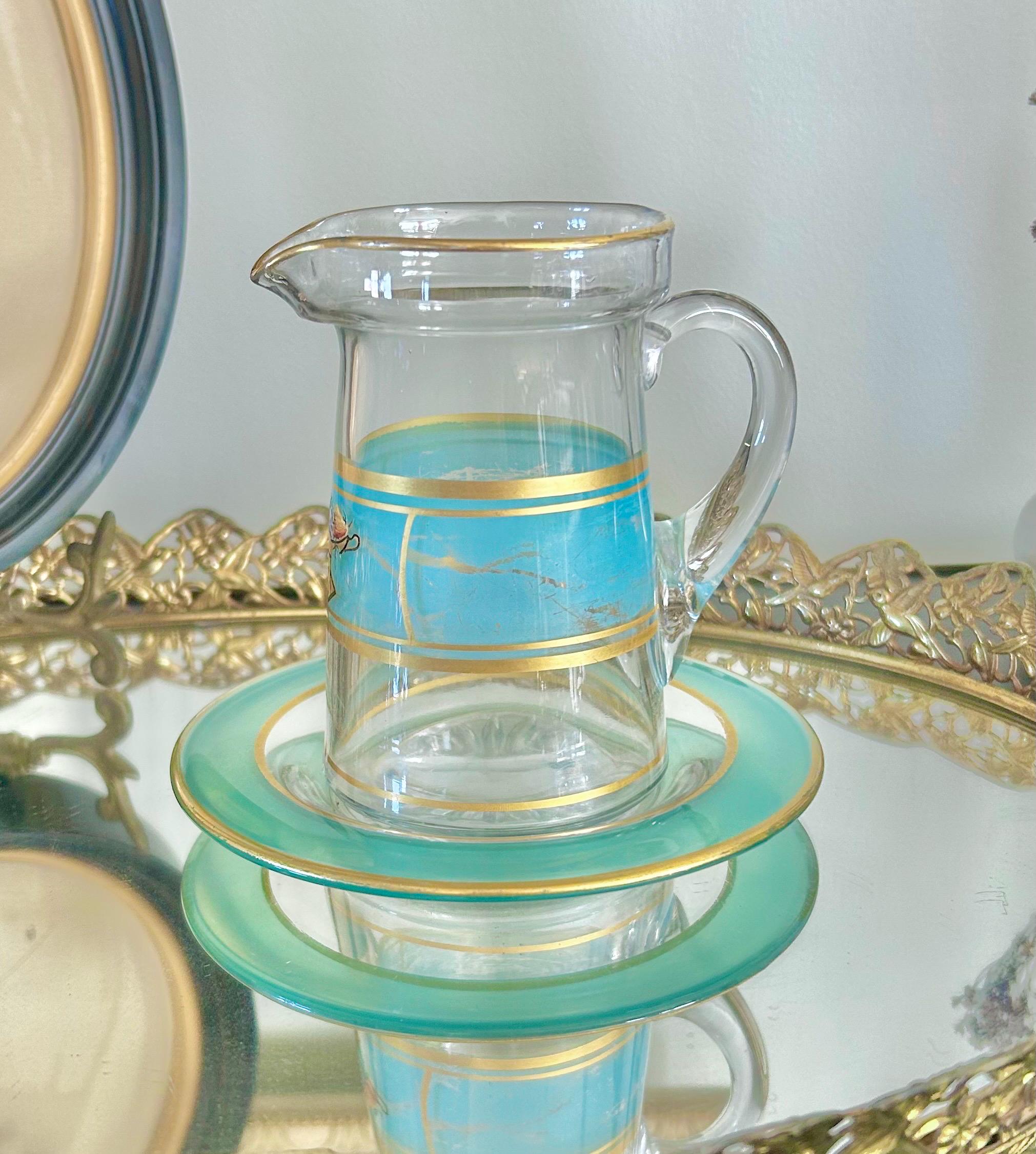 Vintage Hand-painted Small Glass Pitcher/Creamer with Under-plate, Blue and Gold Trim