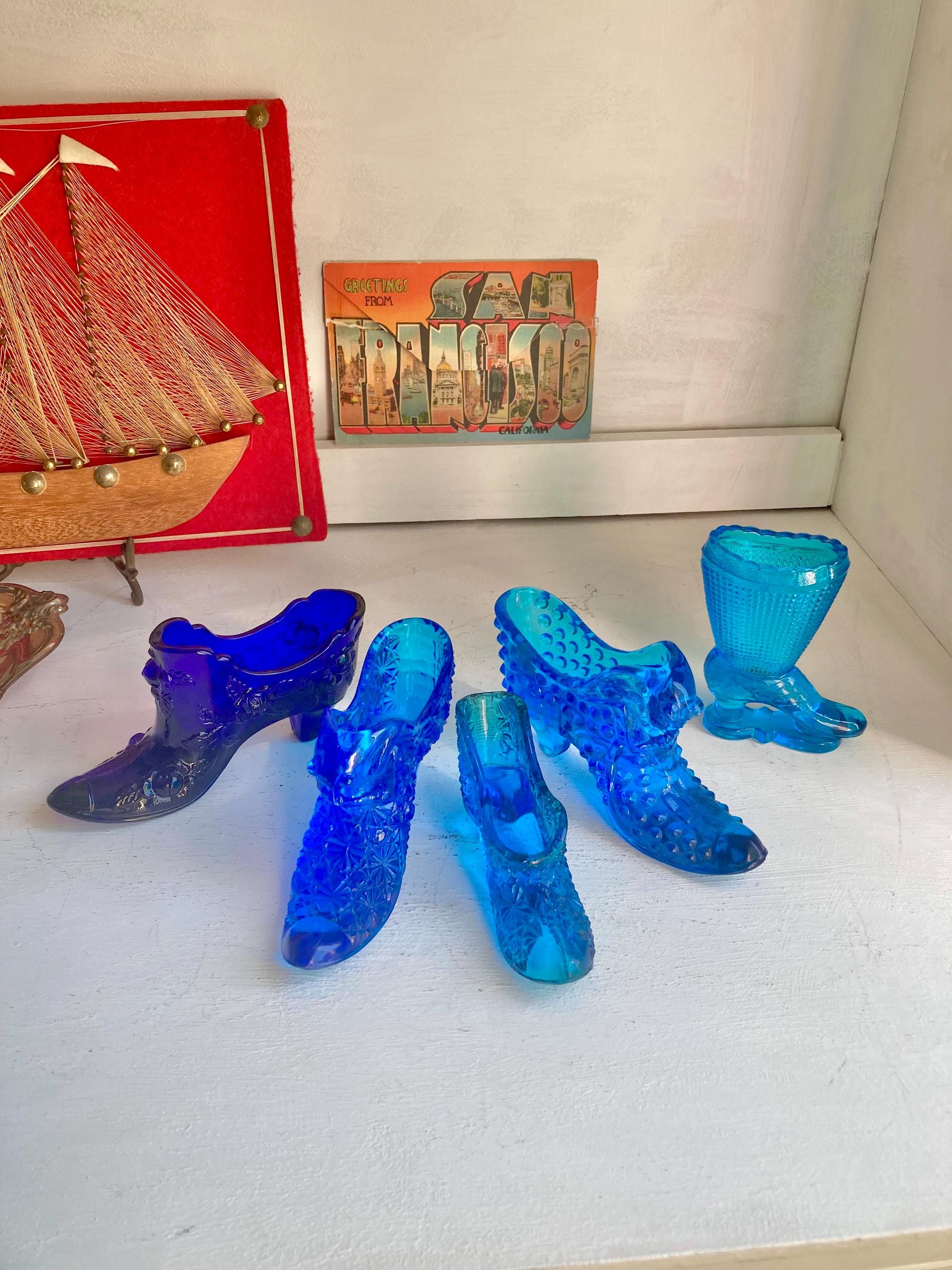 Vintage Blue Glass Slippers: Fenton, LE Smith, Hobnail, Daisy Button