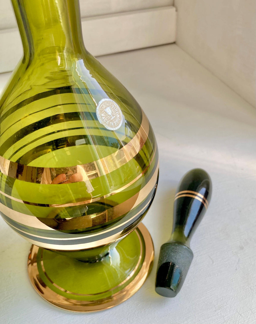 Vintage Blown Green Glass Decanter: Teardrop Stopper, Gold Trim