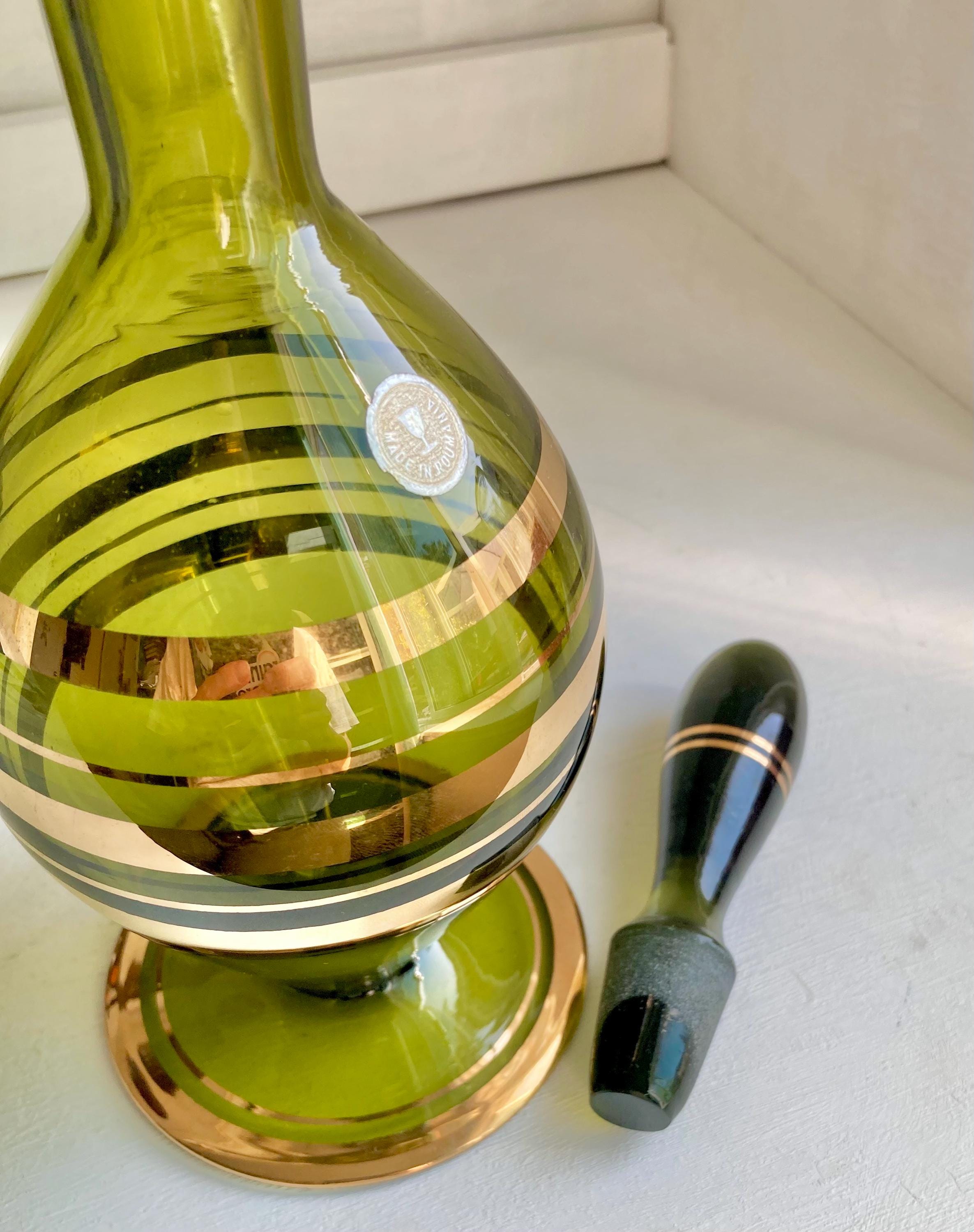 Vintage Blown Green Glass Decanter: Teardrop Stopper, Gold Trim