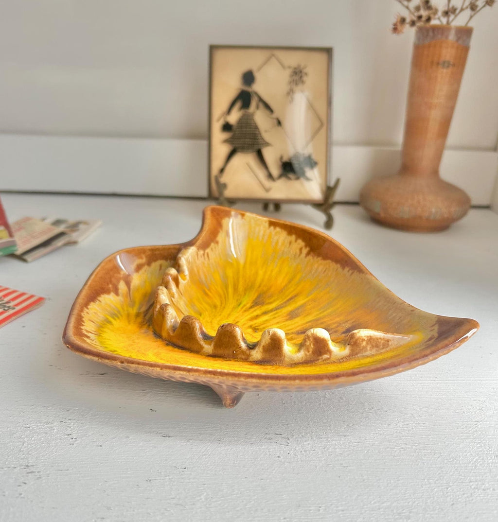Vintage MCM Leaf Ashtray: Drip Glaze California Pottery