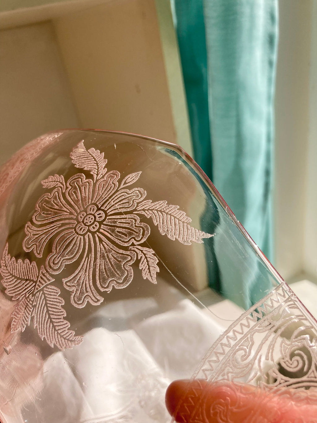 Pink Depression Glass Bowl - Etched Flowers, Dancing Nudes, Octagonal
