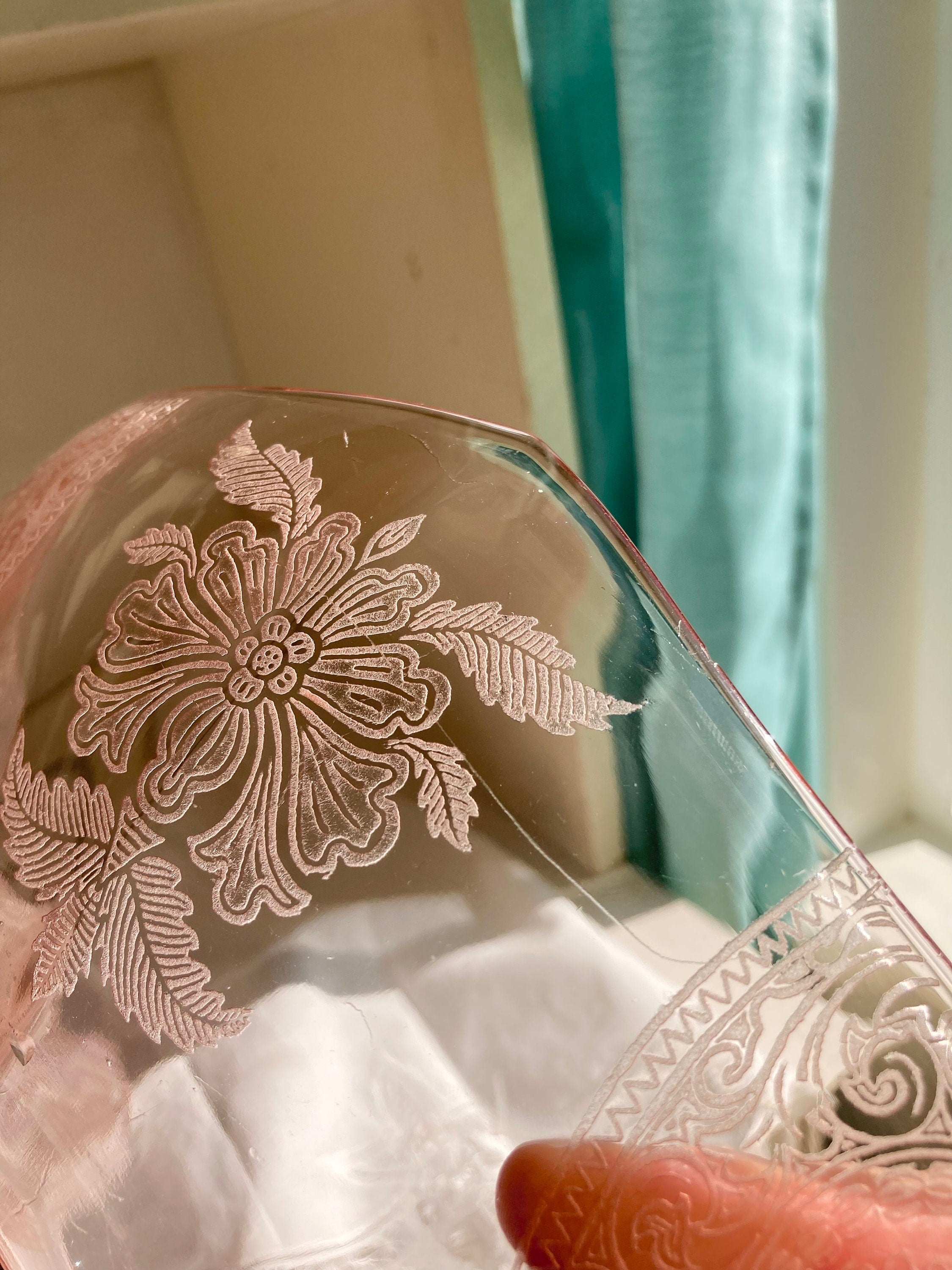 Pink Depression Glass Bowl - Etched Flowers, Dancing Nudes, Octagonal