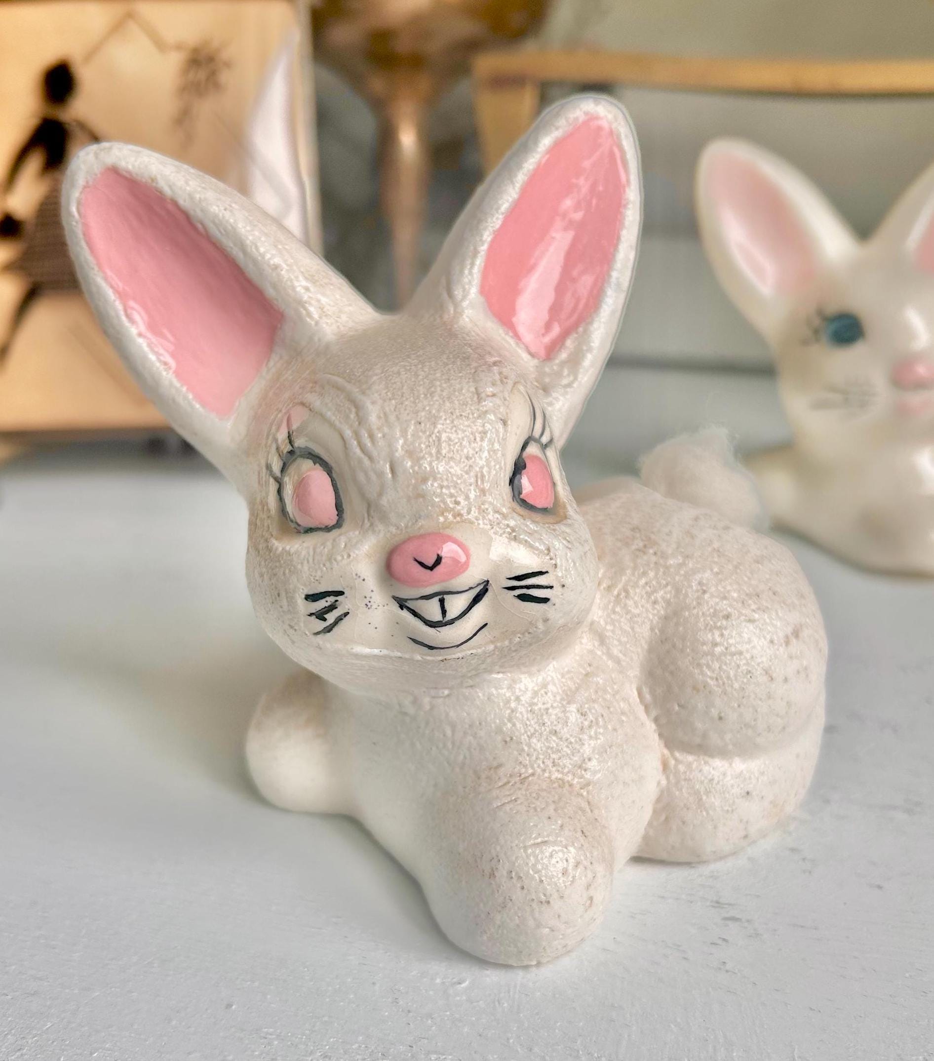 Vintage Ceramic Bunny Cotton Ball Dispenser: Cottontail Vanity Decor