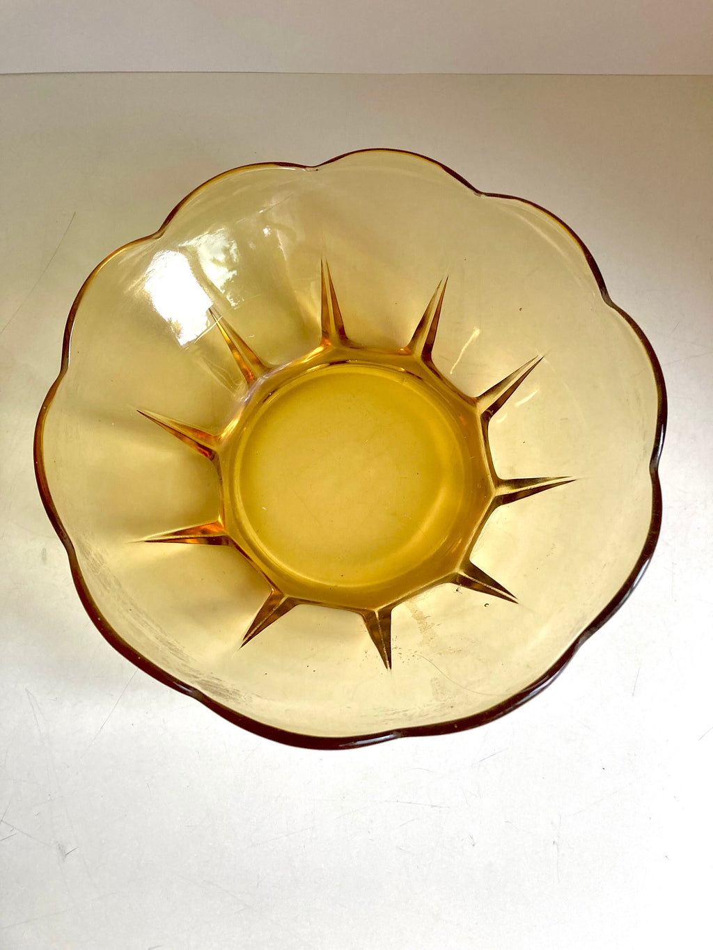 MCM Amber Glass Flower Bowl: Anchor Hocking Scalloped Bowl, 1960s Vintage