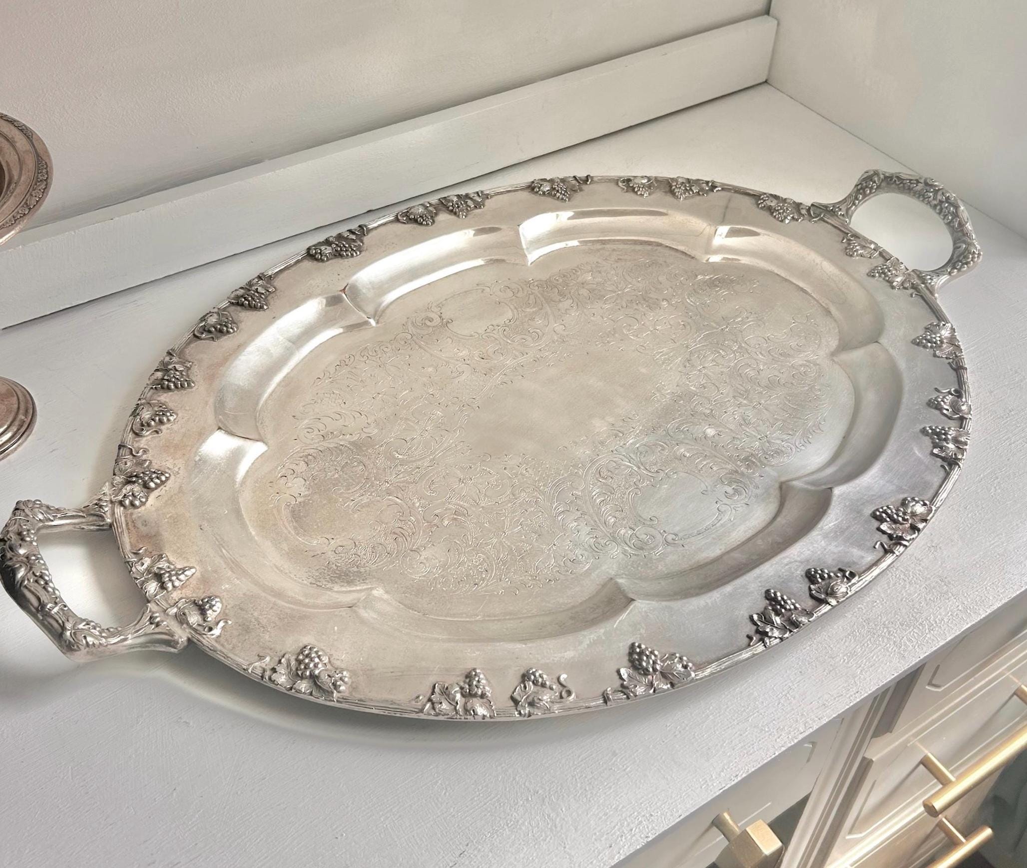 Vintage Silverplated Tray: Copper Core, Grapevine Rim, 24-inch