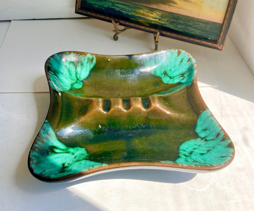 Vintage MCM Drip Glaze Ceramic Ashtray: Turquoise & Olive Green