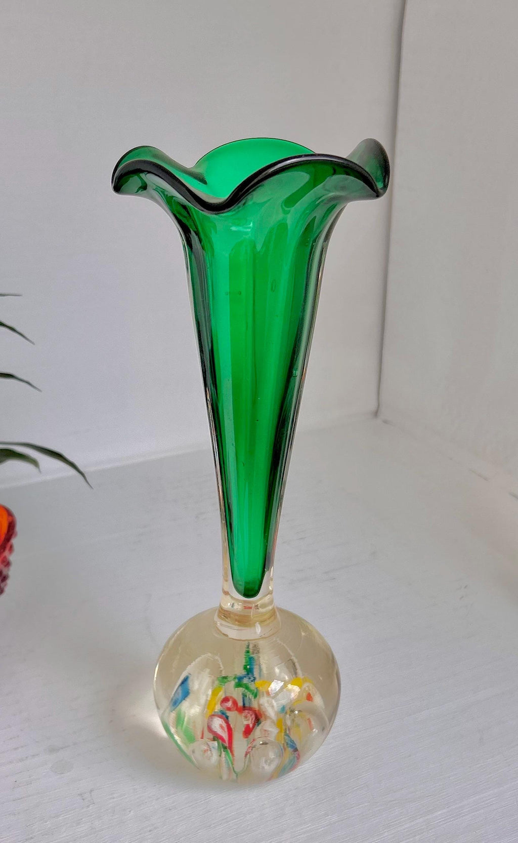 Vintage Kreis Art Glass Vase: Millefiori & Emerald Green Fluted Rim