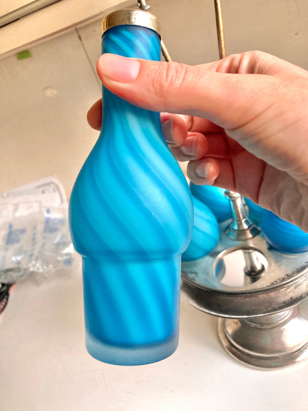 Antique Meriden Silver Plated Cruet Caddy: Sky-Blue Swirl Glass Bottles