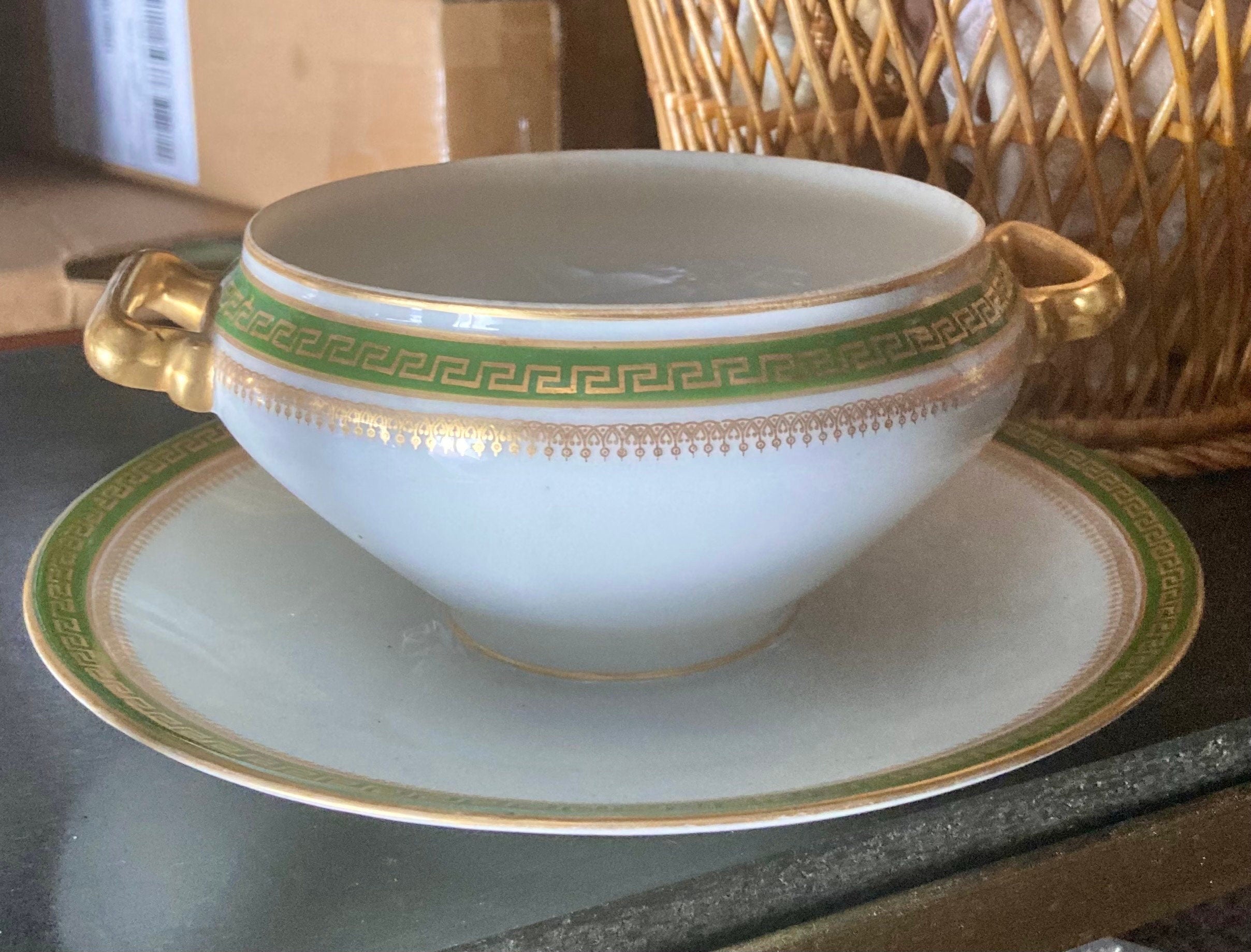 Vintage Porcelain LIMOGES Lidded Tureen with Olive Green and Gold Trim, Gold Handles