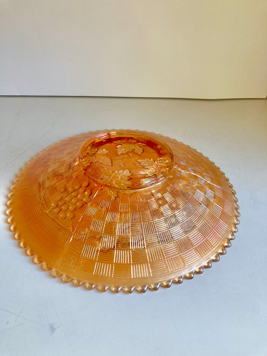 Antique Northwood Grape & Cable Basket weave Marigold Carnival Glass Plate with Sawtooth edge 9”