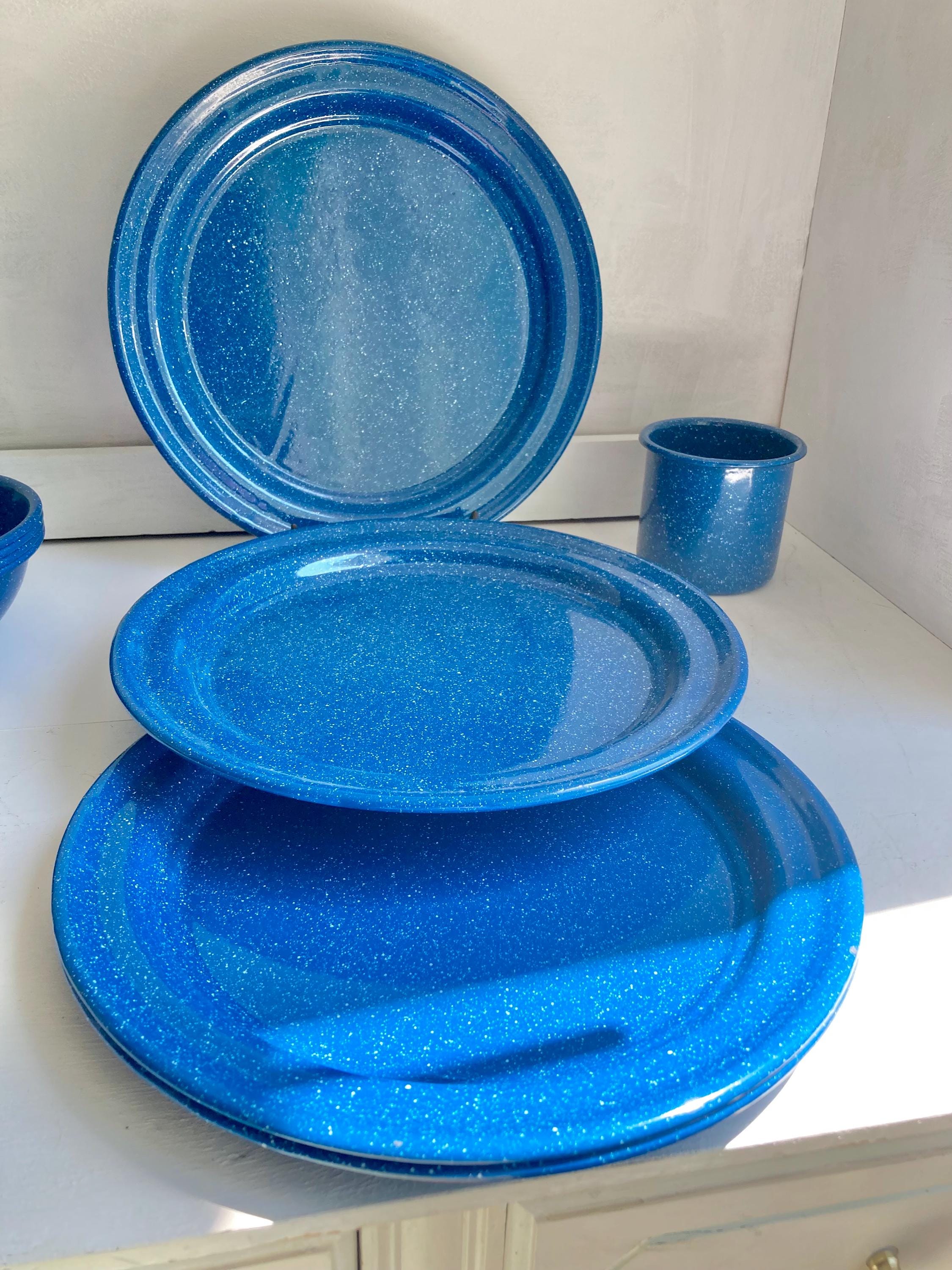 Vintage Enamelware White Speckled Blue Metal Dining for Outdoors and Camping: Choose from options