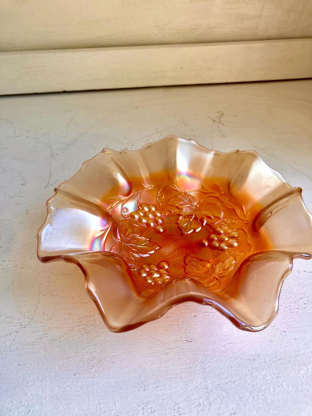 Vintage Dugan Golden Grape Marigold Carnival Glass Ruffled Bowl 7 1/4" diameter