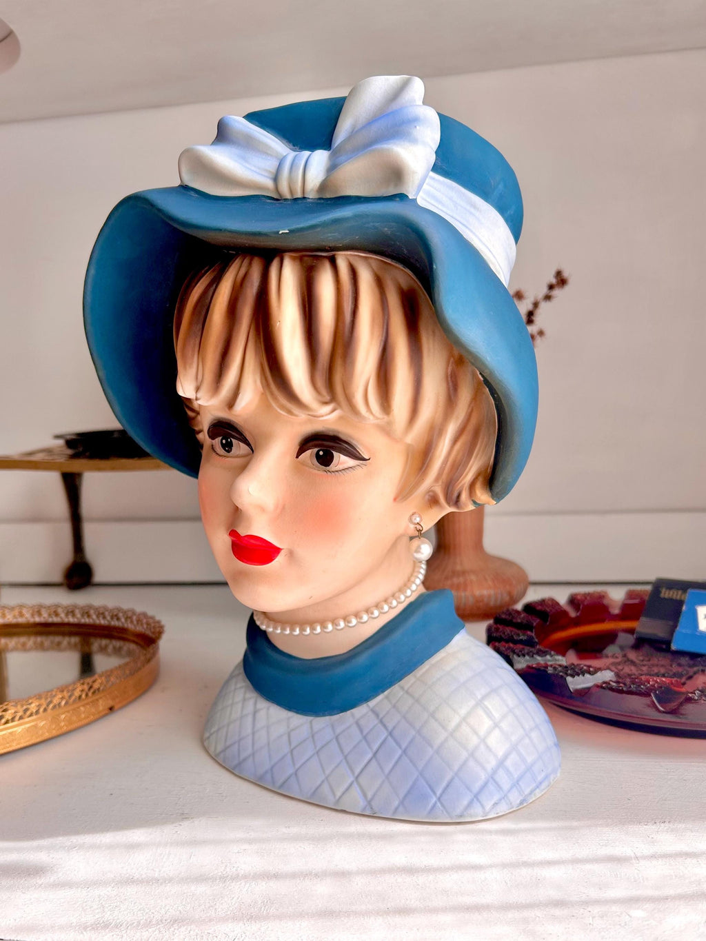Vintage Napcoware LARGE Head Vase: 1960s Lady with Teal Blue Hat, Pearls