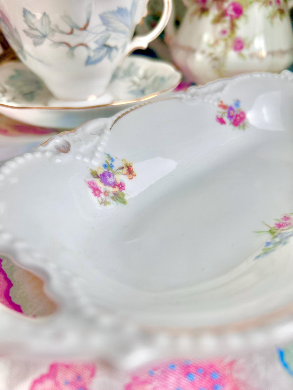 Vintage Floral Porcelain Dish: Germany Gold Trim Small Bowl