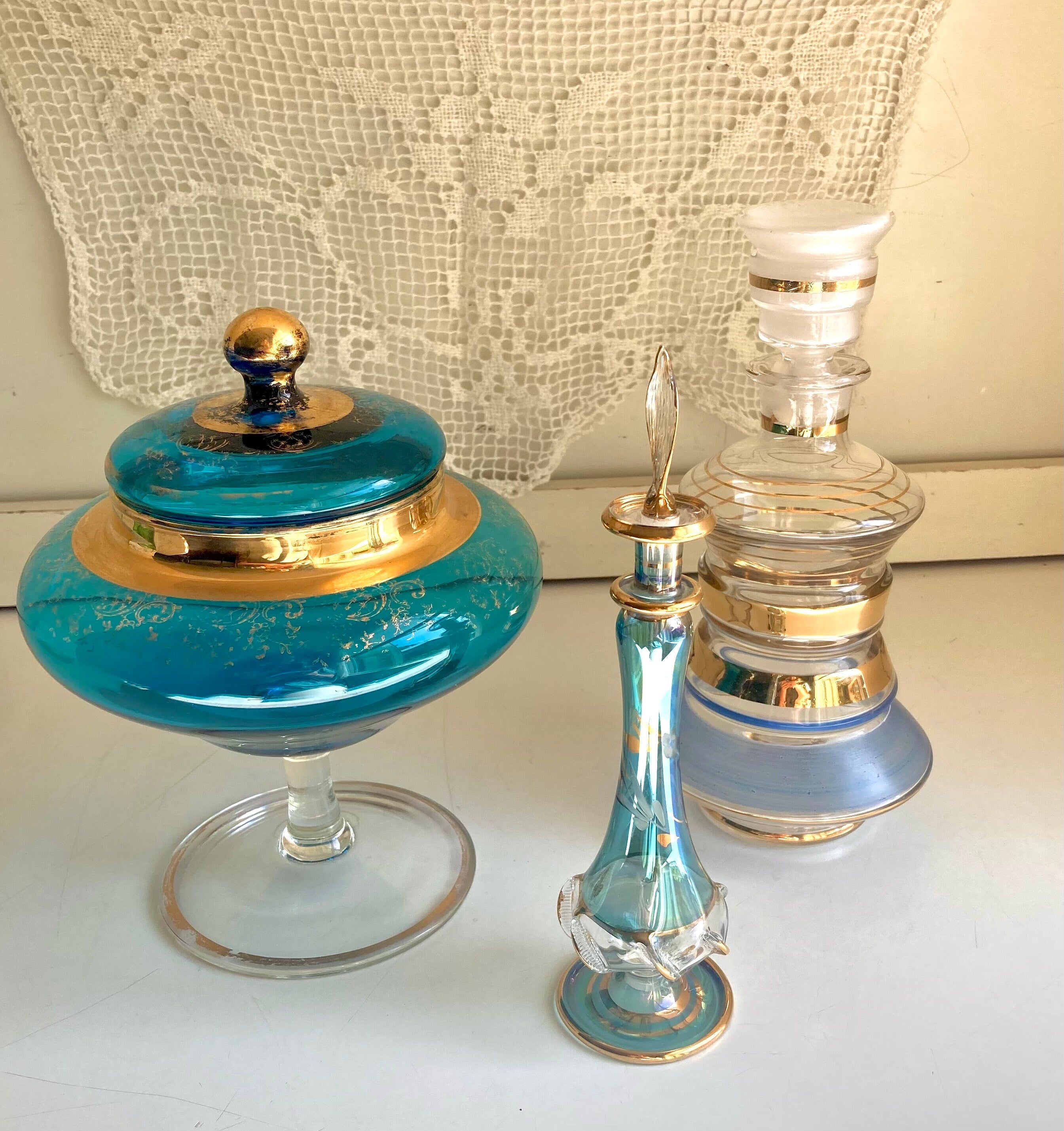 Vintage Blown Glass Vessels – Blue Hues, Gold Trim Decor