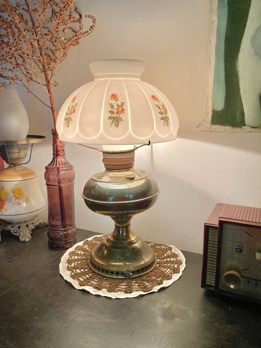 Vintage Converted Brass Oil Boudoir Lamp - Milk Glass Shade with Pink Roses Applique