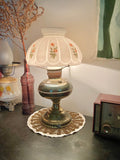 Vintage Converted Brass Oil Boudoir Lamp - Milk Glass Shade with Pink Roses Applique