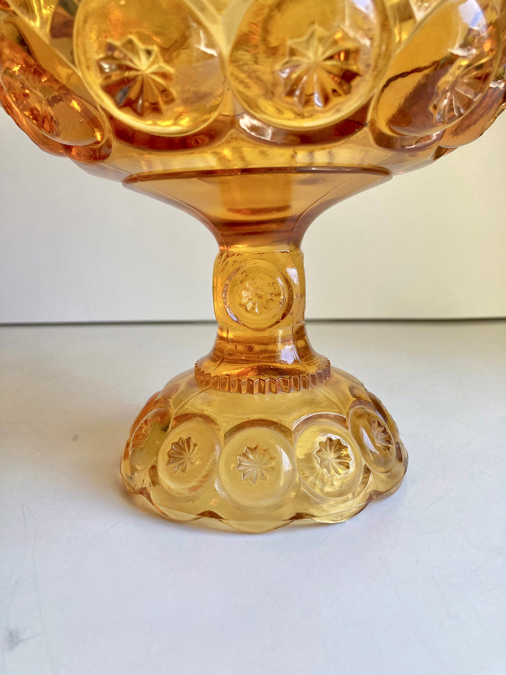 Vintage LE Smith Moon and Stars Amber Glass Pedestal Stem Compote