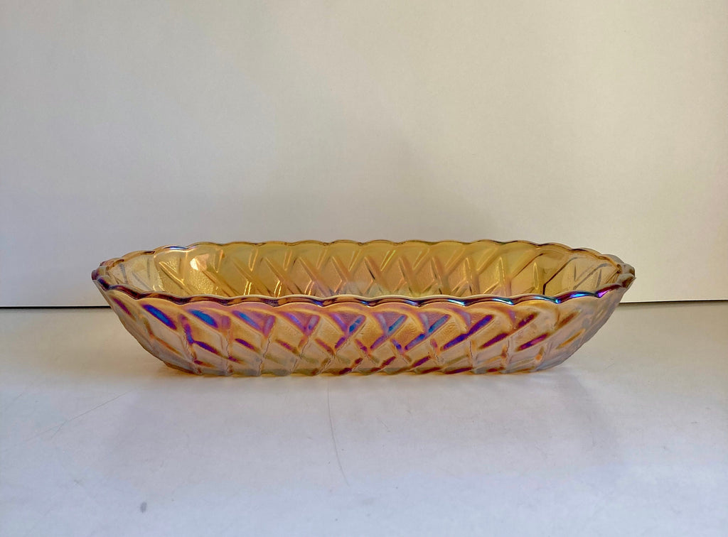 Vintage Amber Carnival Glass Bread Bowl: Indiana Glass Lattice Basketweave