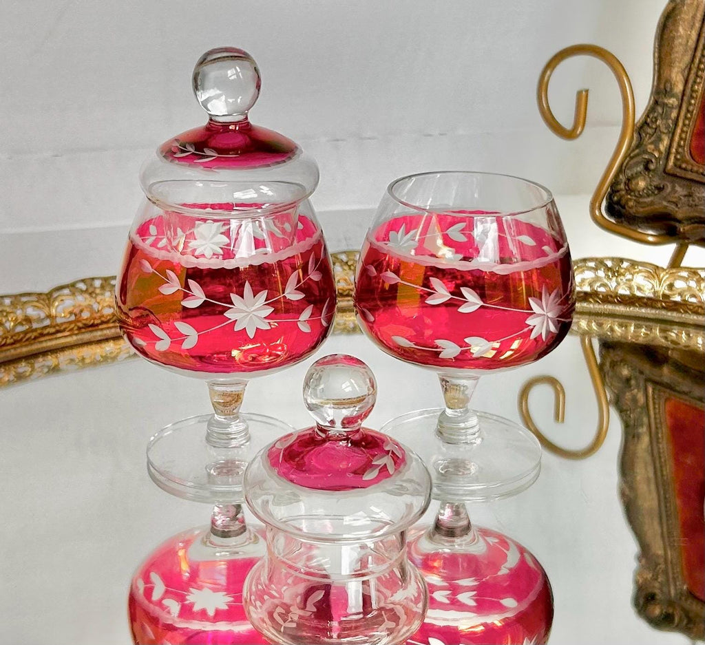 Vintage Cranberry Cut-to-Clear Glass Canister: Bohemian Ruby Red Candy Jar