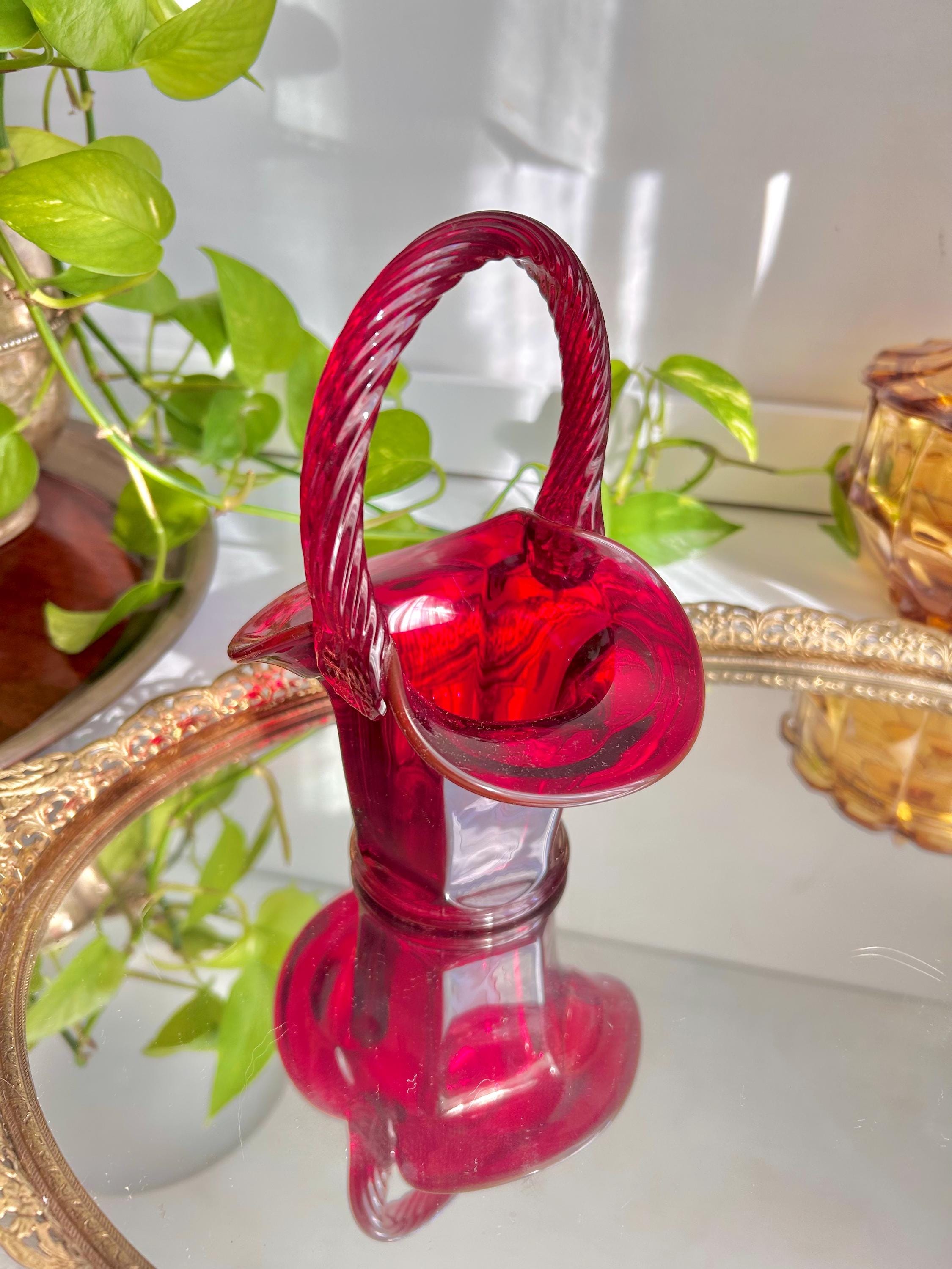 Vintage Fenton Ruby Red Glass Basket: Twisted Rope Handle, Paneled Design